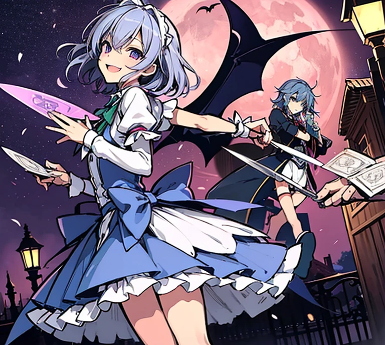 (Sakuya Izayoi)、(Remilia)、blue hair、master servant、loli、Western style mansion、moon、Smile、Two people、Handsome、throwing knives、dashing、playingcards、magic、bat、street lamp、night、grace、vampire、wing