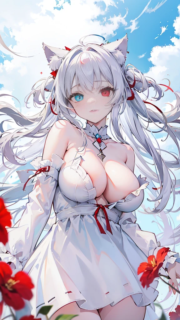 nsfw, 1 girl, long white hair, white cat ears, blue heterochromia, red heterochromia, big breasts, short top, low angle, angle from below, view from below.