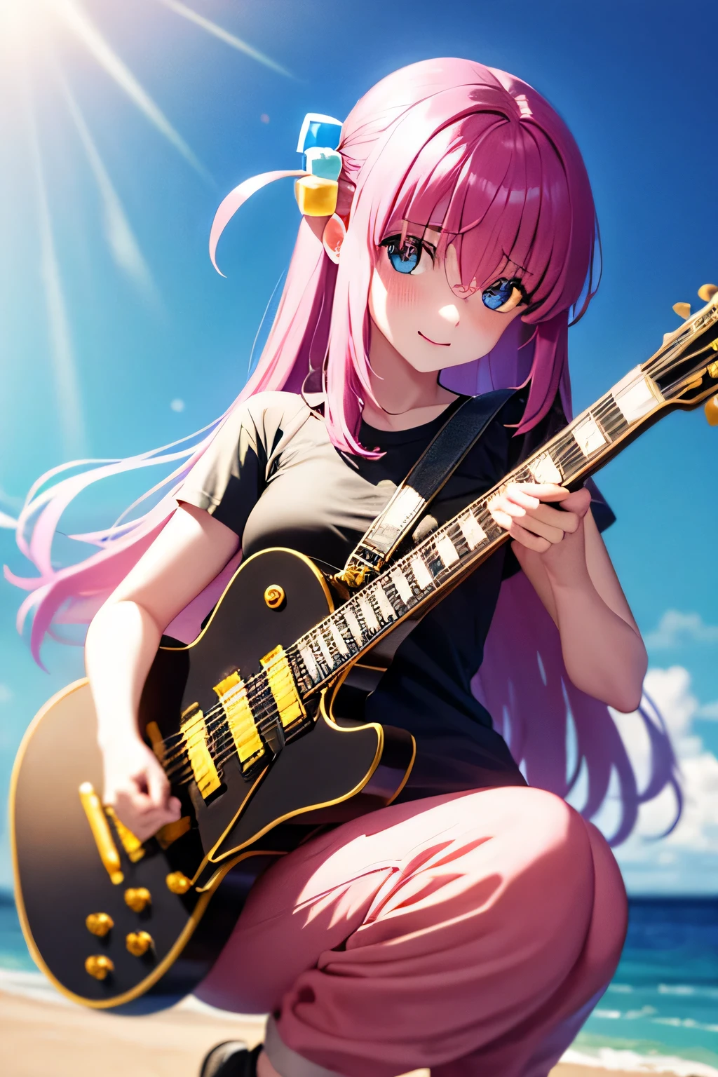 1girl, solo, bangs, blue eyes, black shirt, hair ornament, holding, pink hair, short sleeves, outdoors, shoes, pink pants, black footwear, beach, sneakers, instrument, sun, sea shore, guitar, one knee, playing instrument, holding instrument, cube hair ornament, pink pants, black gibson les paul, gotou hitori, long hair