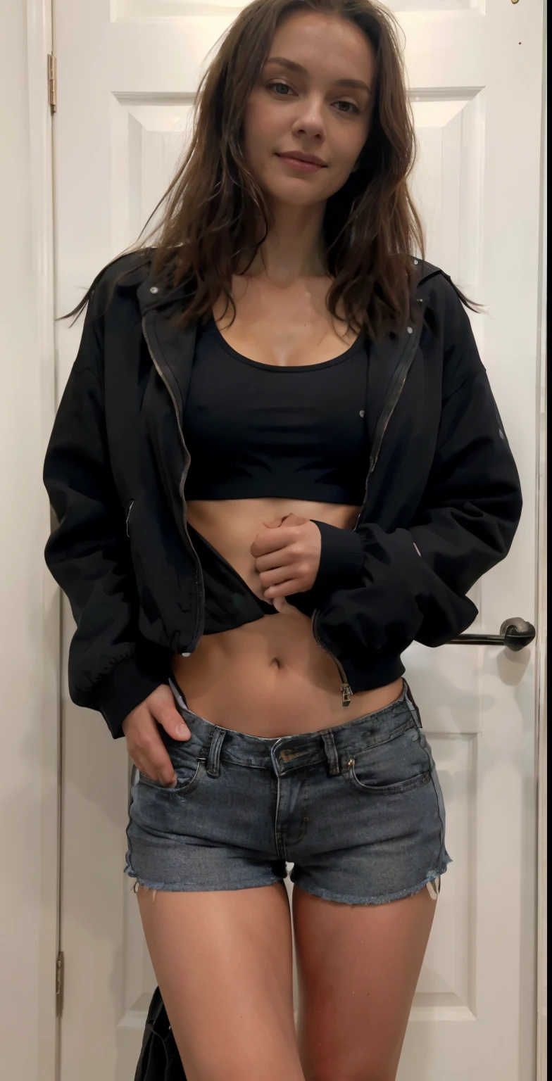 masterpiece, woman standing in front of a door wearing a black Jacke, Profilaufnahme, wearing sports wear, sports bra, wearing mini shorts, in mini Jeans und schwarzem sport bra , black Jacke, wearing a black Jacke, etwa 1 9 Jahre alt, Jacke, Vorderseite full, bauchfrei, bare midriff, revealing body, Vorderseite, no shirt, sexy, blush, teilweise nude