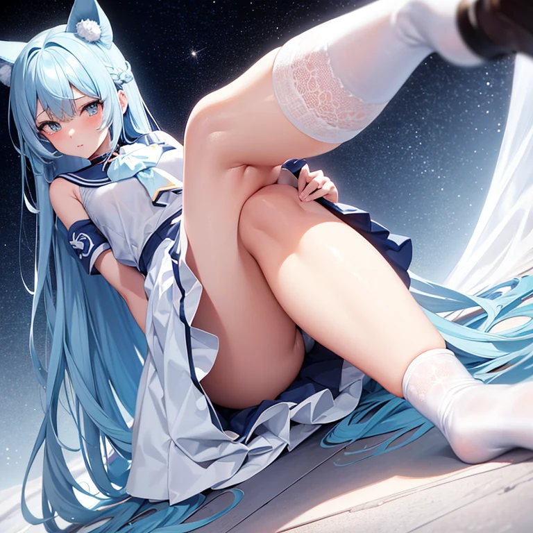 anime, masterpiece, cute girl, big , light blue hair, long hair, serafuku, white knee high socks, white underwear, big butt, spread legs, pussy juice, detail, 4k, sexy, good pupil, 4k, detailed