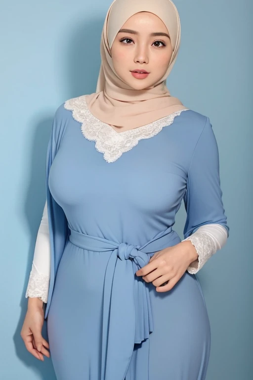 masterpiece,best quality,masterpiece,best quality, 1girl,hijab, malay, malaysian, Izara Aishah face,((Izara Aishah)),huge breasts,(detail skin), skin texture, mole below eyes,onsen,parted lips,light blue lingerie,lace-trimmed,curvy, full body, front view, look at viewer, soft color background,