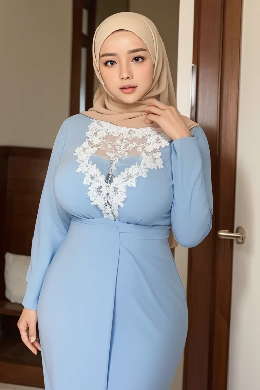 masterpiece,best quality,masterpiece,best quality, 1girl,hijab, malay, malaysian, Izara Aishah face,((Izara Aishah)),huge breasts,(detail skin), skin texture, mole below eyes,onsen,parted lips,light blue lingerie,lace-trimmed,curvy, full body, front view, look at viewer, soft color background,