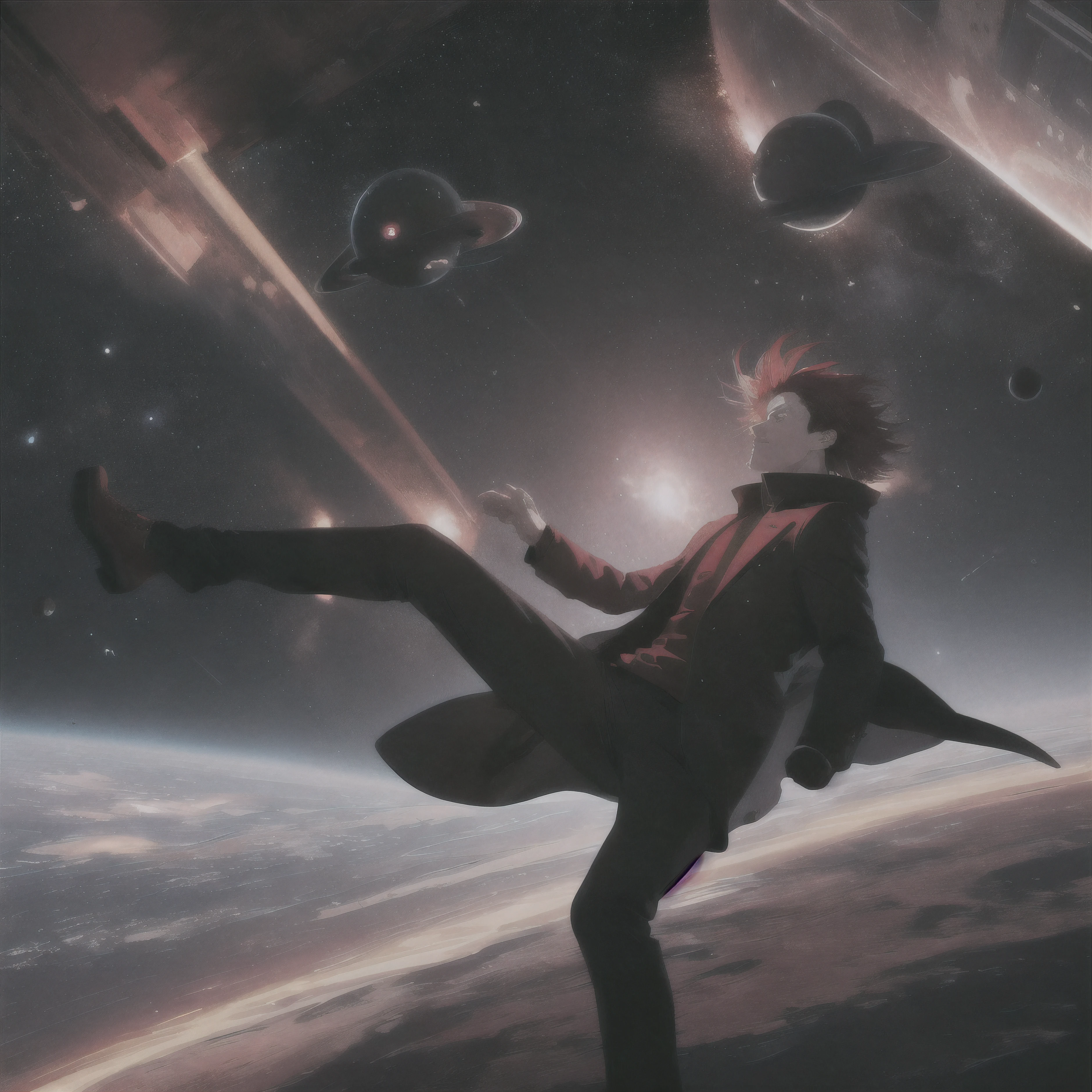 space, black hole, (Hovering in the air), void, (masterpiece), (best quality), (ultra-high-detailed), lifeless, 1men, red hair, red long coat, falling, 4k wallpaper