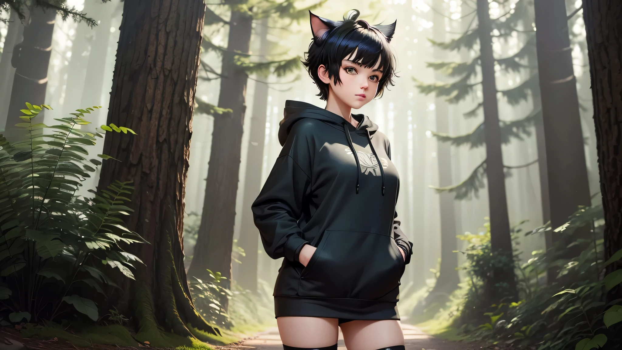 A cat girl with black short hair and green eyes is wearing a gray hoodie, a black pleated miniskirt, and black stockings. against the background of the forest
