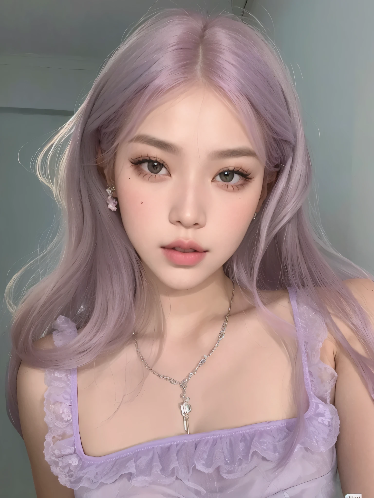um close up de uma mulher com cabelos longos usando um vestido roxo, maquiagem sul-coreana popular, maquiagem coreana popular, longos cabelos roxos claros, lilac hair, Ulzzang, cabelo de lavanda, sakimichan, Bela Delfina, parque roseanne de blackpink, cabelo liso rosa, long hair with pastel colors, cabelo longo violeta,  coreana, Blush de lavanda, maquiagem pastel