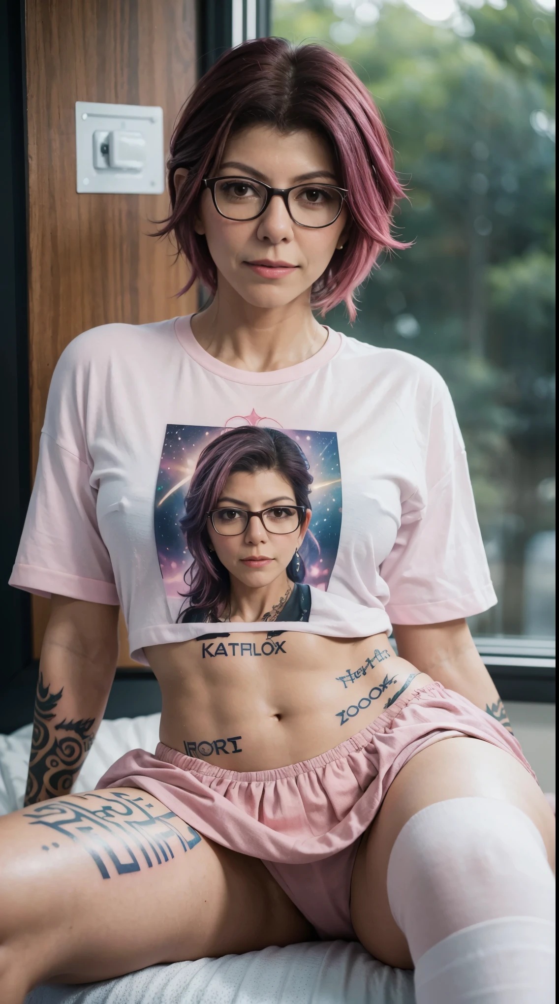 20 years old, gorgeous cute Indonesian girl, smirk, freckles, polaroid photo, (dark skin:1.4), (medium pink hair:1.4), (Marisa Tomei:1.4), 1girl dark skin, small breasts, wears thick-framed glasses that highlight her facial features, with short hair, ponytail and gray, silver shirt, Underneath the shirt she wears another tight shirt, with details in vibrant colors reminiscent of the stars and planets of outer space, and a blue skirt high-top boots with non-slip soles, sexy look, famous beautiful model, good young girl, (masterpiece:1.0),(best_quality:1.0), ultra high res,4K,ultra-detailed, photography, 8K, HDR, highres, absurdres:1.2, Kodak portra 400, blurry background, bokeh, lens flare, (vibrant_color:1.2),professional photograph, (the_tattoo:1.4), (beautiful_face:1.5),(narrow_waist). --v 6