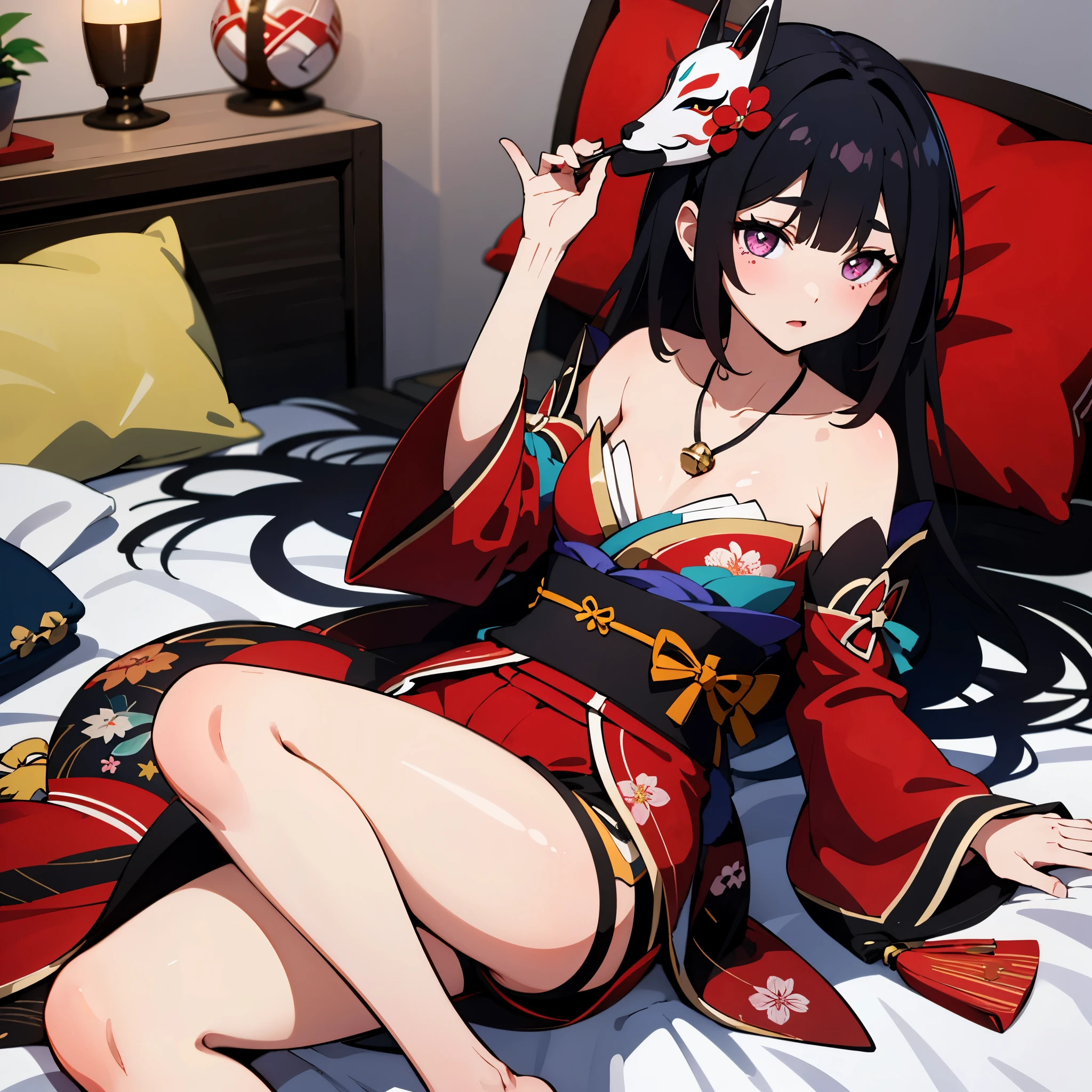 an extremely delicate and beautiful girl,8k girl lying on bed wallpaper,masterpiece,indoor bedroom_shot,sparkle,1girl,solo,mask on head,hair ornament,cross symbol-shaped pupils,kimono,shorts,bare legs,detached sleeves,looking away from viewer, highly blushed, looking away,hair ornament,detached sleeves,neck bell,heart tattoo,collarbone,small breasts,lying on bed, pixel density should be high