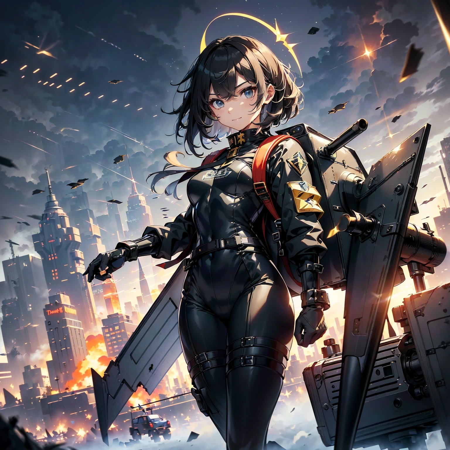 (highest quality,T Masterpiece,final solution,whole body、album):(18 year old female fighter,Slender、very slim、small face、small face、cute、Black Super Short Hair、Ahoge、Shiny black tight combat uniform,Glossy tight suit,jump、dynamic angle、dynamic action、(dynamic pose:1.2)、normal posture,normal posture、Gentle smile、(Backpack:1.1))、(Time Machine、Computer、skyscraper gun、weapons of the future、Real World、Plankton rattle field、volumetric fog、gray fog、cigarette、 explosion、apocalyptic、destroyed city background、burning building:1.3、starry ski、huge moon、Earth、destroyed giant robot、radio tower、airplane flying overhead、shooting star rocket truck、broken car、derailed train、tank、giant weapon、electronic equipment、Luminous mechanism、strong wind、bao phan、thunder、light、halo)