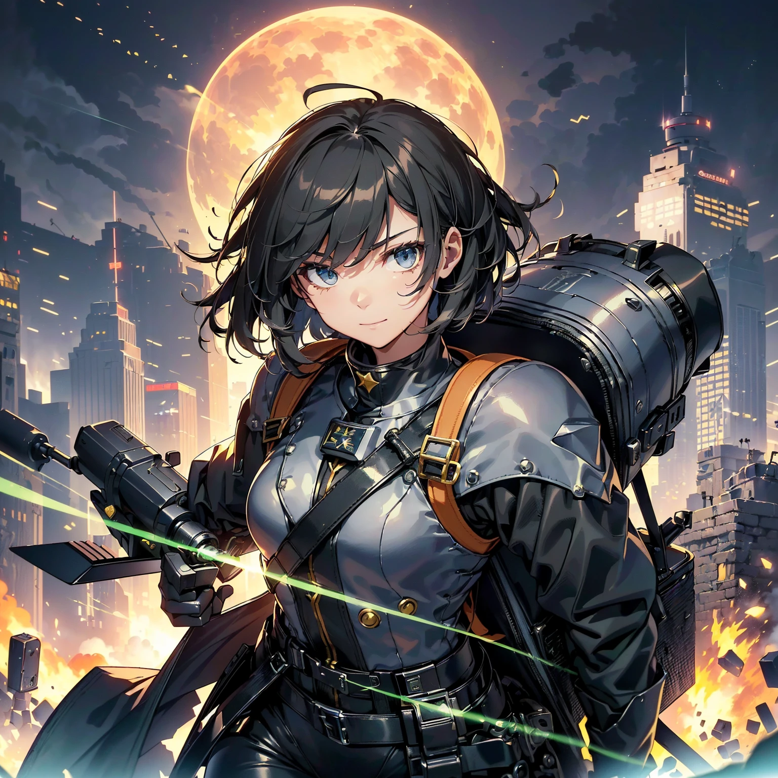 (highest quality,T Masterpiece,final solution,whole body、album):(18 year old female fighter,Slender、very slim、small face、small face、cute、Black Super Short Hair、Ahoge、Shiny black tight combat uniform,Glossy tight suit,jump、dynamic angle、dynamic action、(dynamic pose:1.2)、normal posture,normal posture、Gentle smile、(Backpack:1.1))、(Time Machine、Computer、skyscraper gun、weapons of the future、Real World、Plankton rattle field、volumetric fog、gray fog、cigarette、 explosion、apocalyptic、destroyed city background、burning building:1.3、starry ski、huge moon、Earth、destroyed giant robot、radio tower、airplane flying overhead、shooting star rocket truck、broken car、derailed train、tank、giant weapon、electronic equipment、Luminous mechanism、strong wind、bao phan、thunder、light、halo)