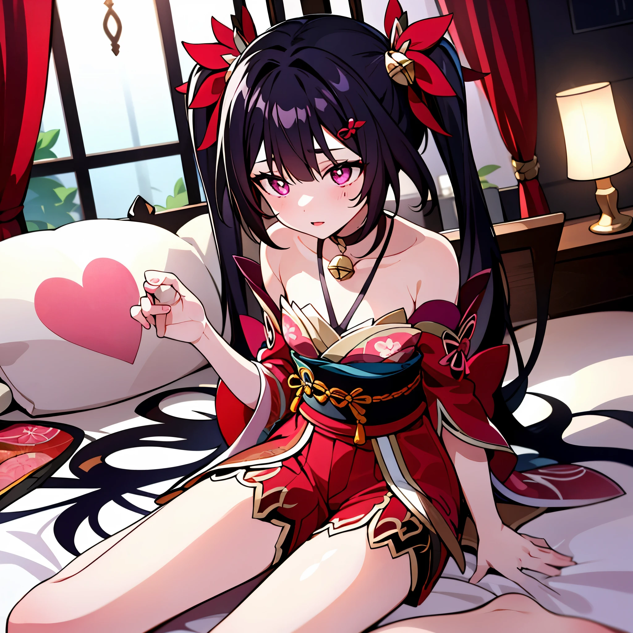 an extremely delicate and beautiful girl,8k girl lying on bed wallpaper,masterpiece,indoor bedroom_shot,sparkle,1girl,solo,mask on head,hair ornament,cross symbol-shaped pupils,kimono,shorts,bare legs,detached sleeves,looking away from viewer, highly blushed, looking away,hair ornament,detached sleeves,neck bell,heart tattoo,collarbone,small breasts,lying on bed, pixel density should be high