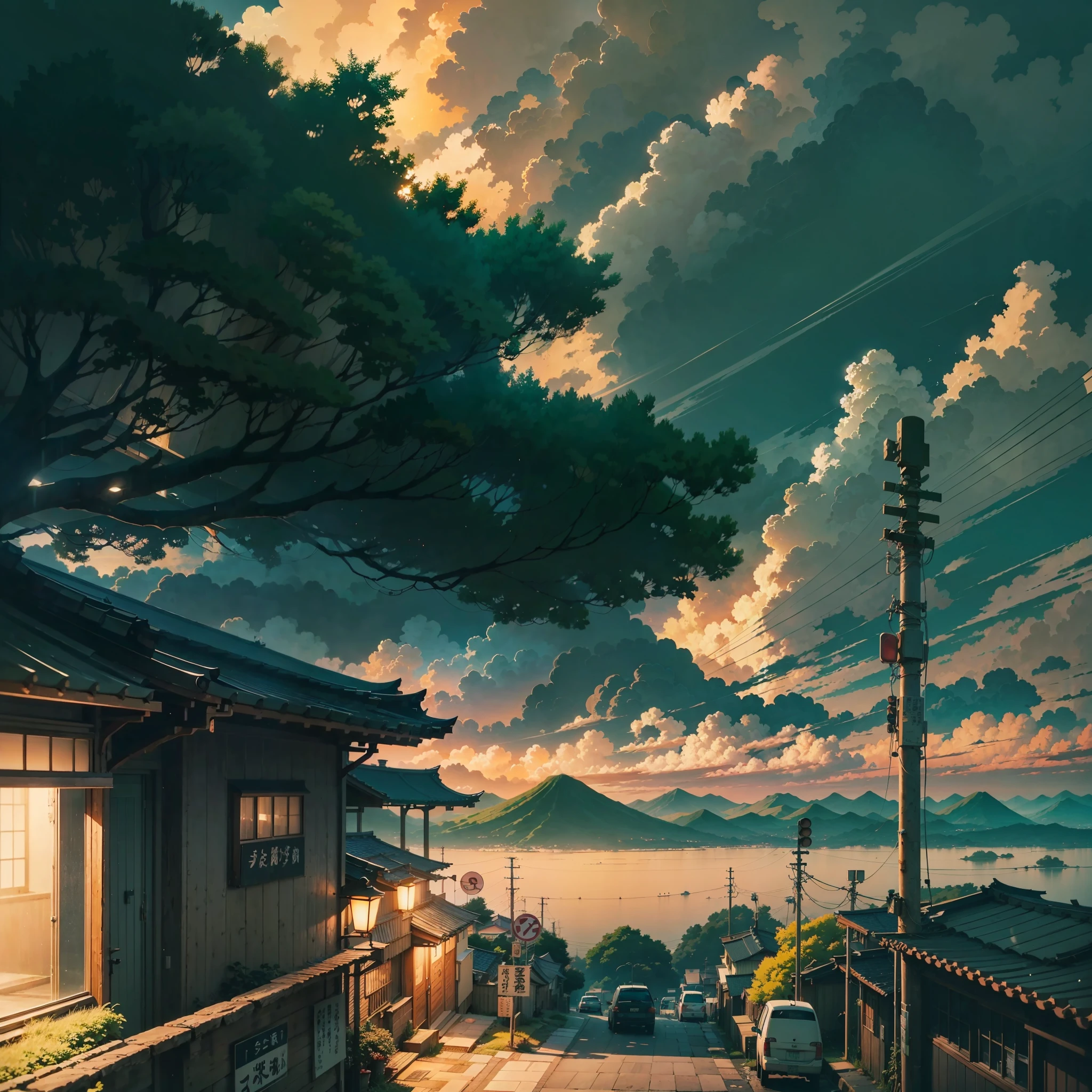 animesque、Skyscape with clouds、Landscape without buildings、You can see the touch of the brush、Studio Ghibli、Ghibli、Humid、the ground is wet、Scenery、Style、Golden Time、sky line、evening, best quality, masterpiece, realistic, Best quality. No one in sight. Anime. Anime style. lofi. dramatic weather, japan
