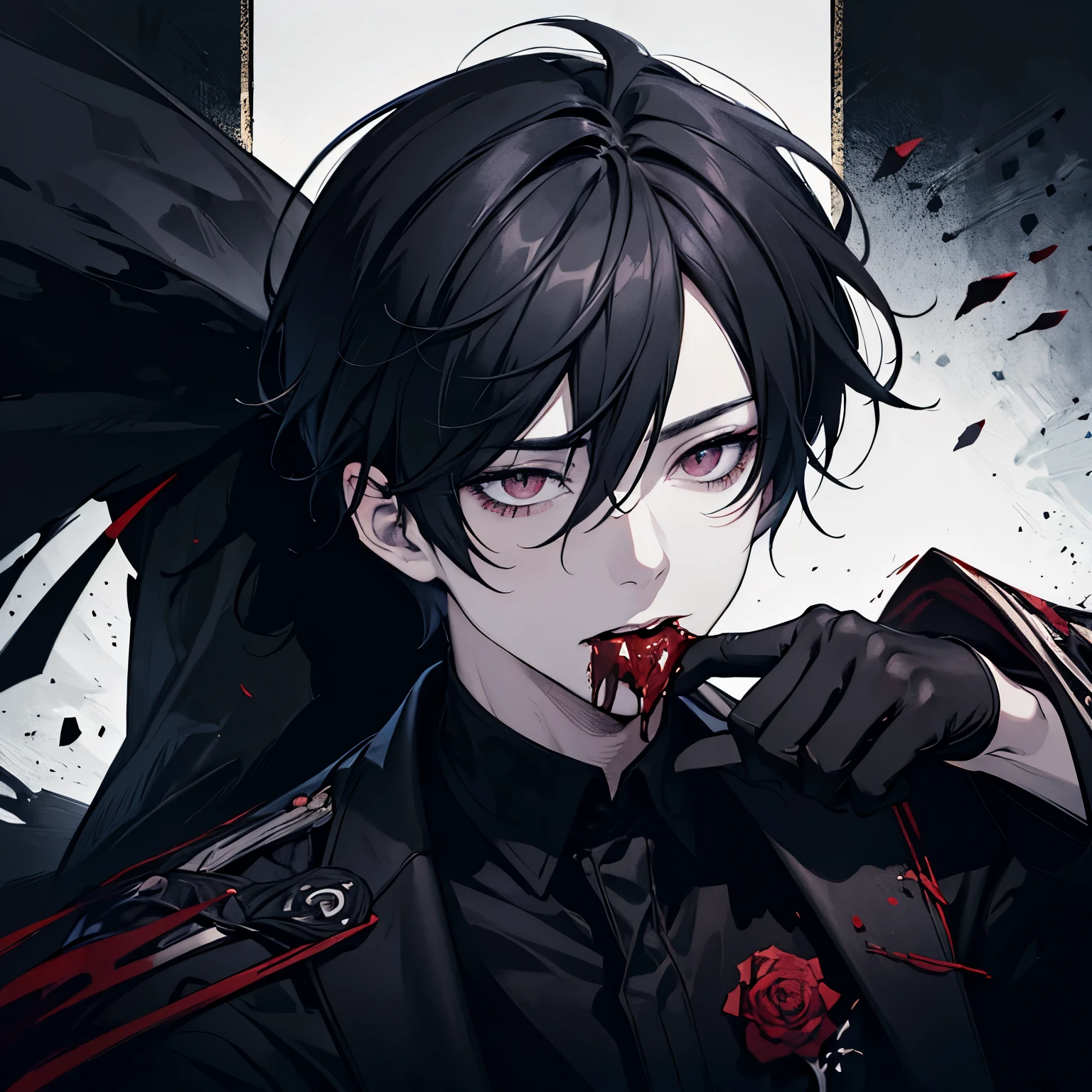 dark, dark lighting, solid black background, anime man, painted, canvas, painted style, ashy hair, detailed painted eyes, eating blood, pale skin, black suit with gloves, aloof, looking down, dark red tongue sticking out to eat blood, gorey