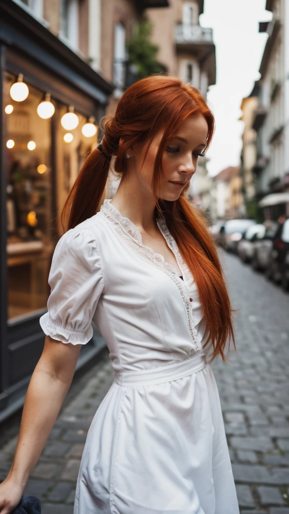 best quality, fotorealistisch, 30-year-old red-haired woman, Frau,(Zahnung der Haut), mittlere Brust, (Hell), (professionelle Beleuchtung, Bokeh), (Street), Menschen, Massen, geflochtener Pony, (Bluse:1.5), (trug:0.8), beautiful, bloom, Schwebendes Haar, (dynamische Pose:0.6) , Sanfte Beleuchtung, 