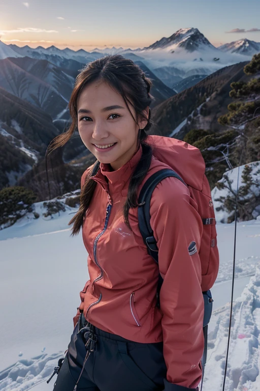 A cute woman similar to An Nakamura、Super clean and slender、Excellent style  、An ultra-high picture quality、extremely delicate face, Skin and hair、((Semi-long chignon hair))、dark brown hair、((Cold mountaineering wear))、((Mountain Girl))、((Mountain trail at dusk))、16k image、(Spectacular background)A very cute Japan detached face、A slender、middlebreasts、Eyes and nose stand out clearly、Gentle eyes、((Carry a mountaineering backpack))、((A refreshing smile))