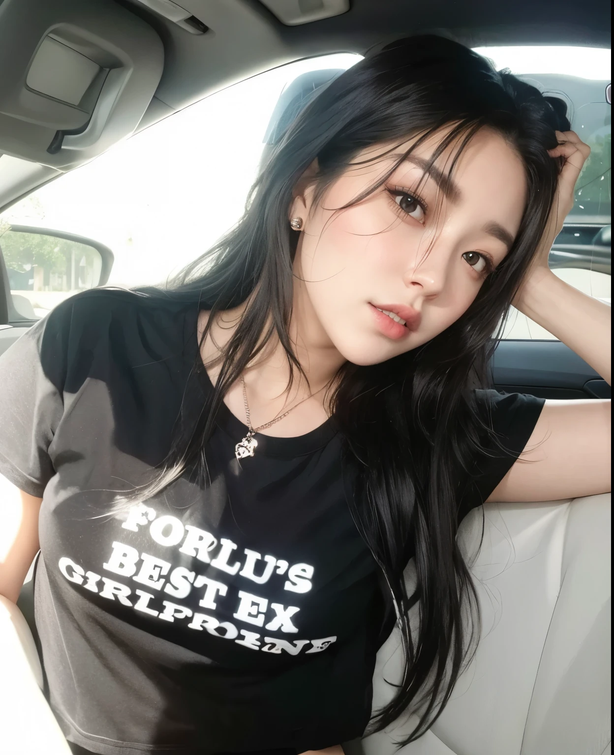arafed woman sitting in a car with a black shirt on, with black hair, beautiful girlfriend, furious dark haired women, attractive girl, with long black hair, an emo girl, she has black hair, soft devil queen madison beer, wonderful dark hair, her hair is natural disheveled, her black hair is a long curly, messy long black hair, miyeon gidle