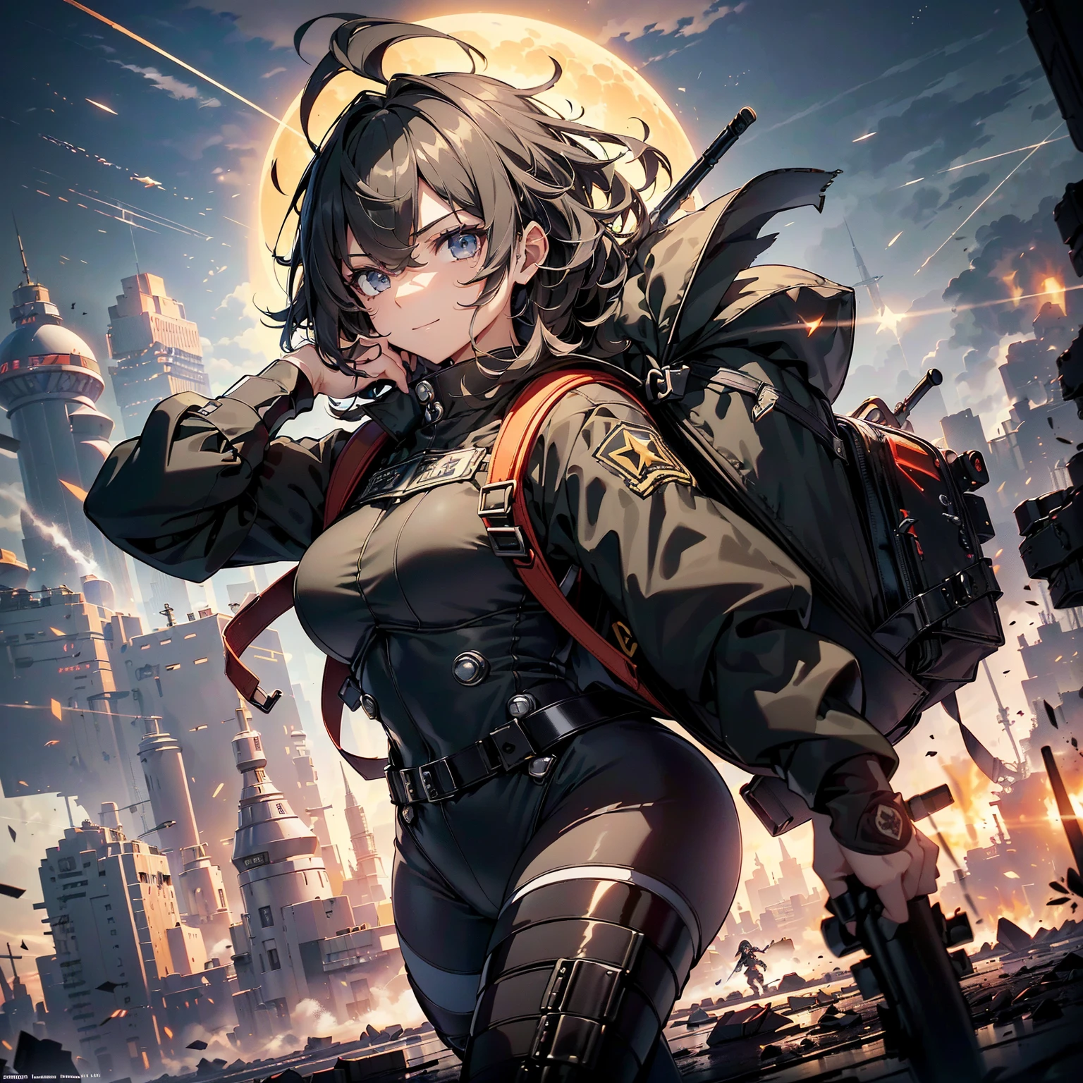 (highest quality，T Masterpiece，final solution，whole body、album):(18 year old female fighter，Slender、very slim、small face、small face、cute、Black Super Short Hair、Ahoge、Shiny black tight combat uniform，Glossy tight suit，jump、dynamic angle、dynamic action、(dynamic pose:1.2)、normal posture，normal posture、Gentle smile、(Backpack:1.1))、(Time Machine、Computer、skyscraper gun、weapons of the future、Real World、Plankton rattle field、volumetric fog、gray fog、cigarette、 explosion、apocalyptic、destroyed city background、burning building:1.3、starry ski、huge moon、Earth、destroyed giant robot、radio tower、airplane flying overhead、shooting star rocket truck、broken car、derailed train、tank、giant weapon、electronic equipment、Luminous mechanism、strong wind、bao phan、thunder、light、halo)