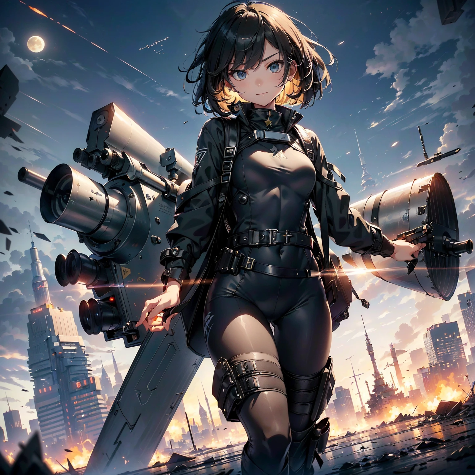 (highest quality，T Masterpiece，final solution，whole body、album):(18 year old female fighter，Slender、very slim、small face、small face、cute、Black Super Short Hair、Ahoge、Shiny black tight combat uniform，Glossy tight suit，jump、dynamic angle、dynamic action、(dynamic pose:1.2)、normal posture，normal posture、Gentle smile、(Backpack:1.1))、(Time Machine、Computer、skyscraper gun、weapons of the future、Real World、Plankton rattle field、volumetric fog、gray fog、cigarette、 explosion、apocalyptic、destroyed city background、burning building:1.3、starry ski、huge moon、Earth、destroyed giant robot、radio tower、airplane flying overhead、shooting star rocket truck、broken car、derailed train、tank、giant weapon、electronic equipment、Luminous mechanism、strong wind、bao phan、thunder、light、halo)