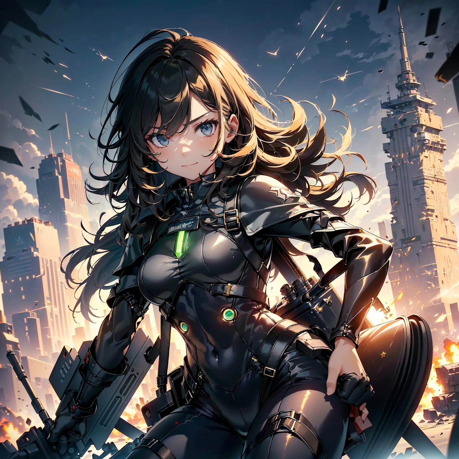 (highest quality,T Masterpiece,final solution,whole body、album):(18 year old female fighter,Slender、very slim、small face、small face、cute、Black Super Short Hair、Ahoge、Shiny black tight combat uniform,Glossy tight suit,jump、dynamic angle、dynamic action、(dynamic pose:1.2)、normal posture,normal posture、Gentle smile、(Backpack:1.1))、(Time Machine、Computer、skyscraper gun、weapons of the future、Real World、Plankton rattle field、volumetric fog、gray fog、cigarette、 explosion、apocalyptic、destroyed city background、burning building:1.3、starry ski、huge moon、Earth、destroyed giant robot、radio tower、airplane flying overhead、shooting star rocket truck、broken car、derailed train、tank、giant weapon、electronic equipment、Luminous mechanism、strong wind、bao phan、thunder、light、halo)