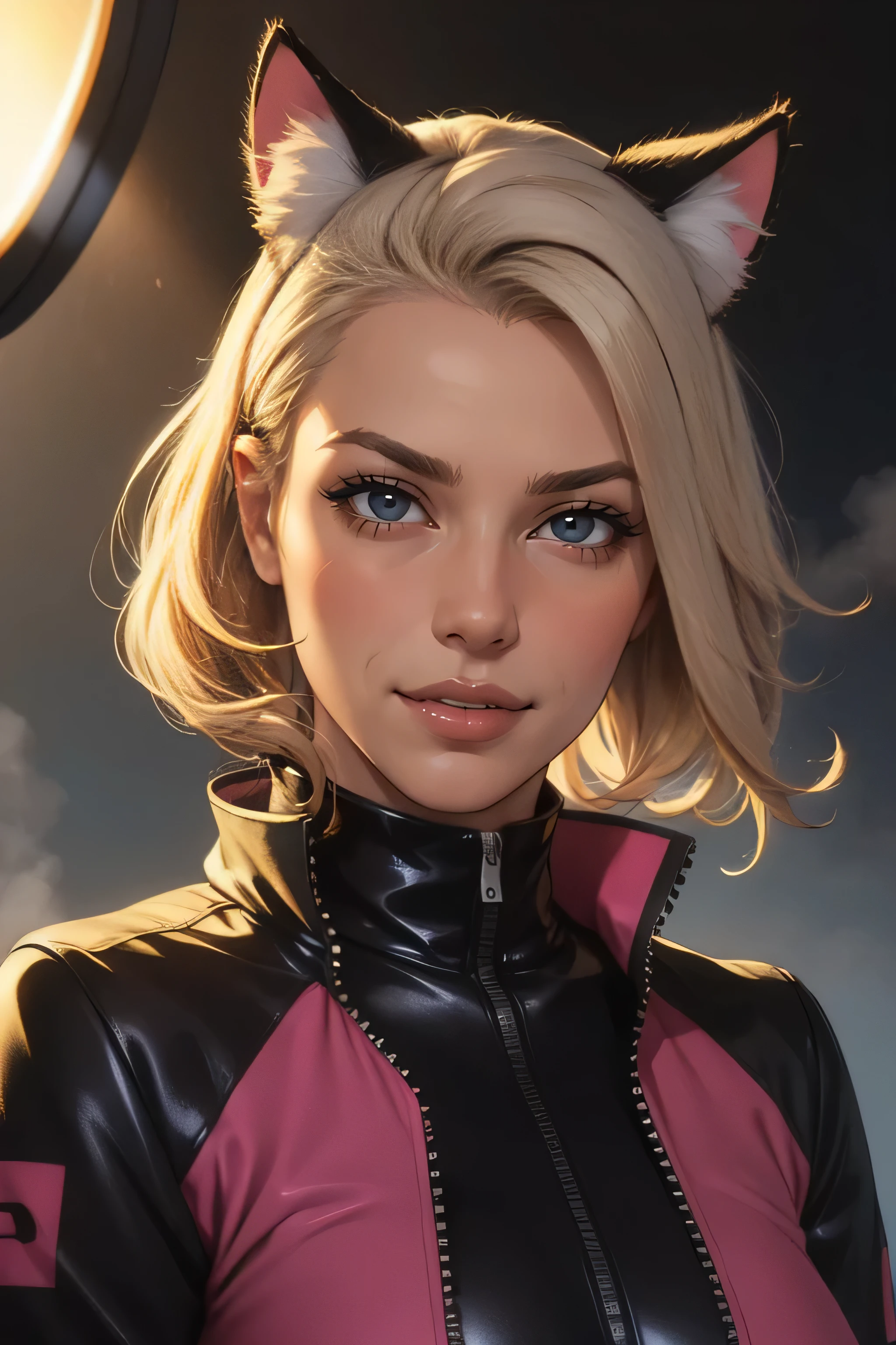 1girl, blond hair,  cat_ears, animal_ears, solo, dark_skin, tan_skin, foggy neon futuristic,  summer jacket, sakura falling, portrait style, looking_at_viewer, cinematic lighting,  eyeliner, makeup, emotional,  highly detailed, wide shot, sharp focus,    ring light, rim lighting, octane render, ring light, rim lighting, nvinkpunk, samdoesarts