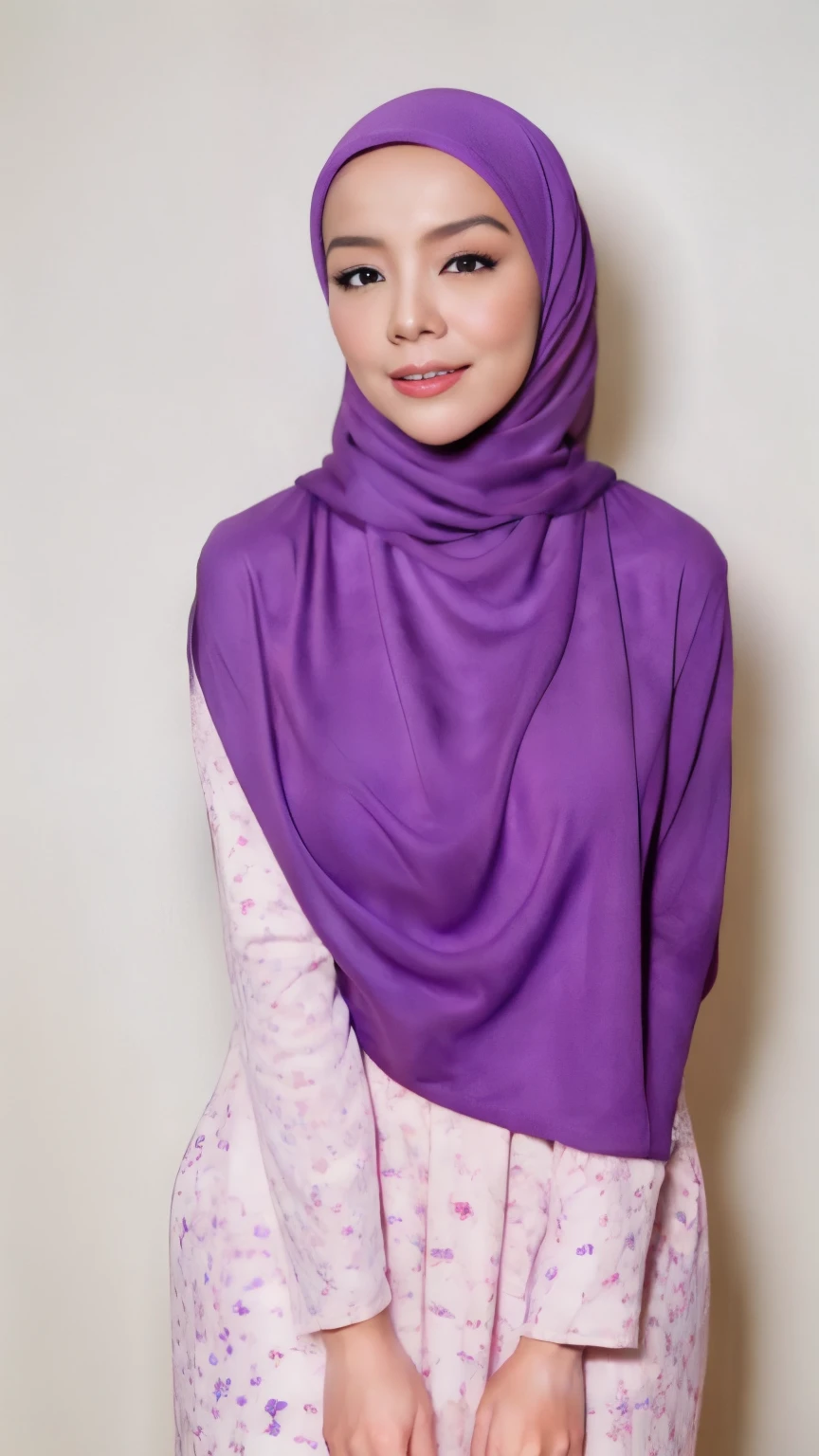 ((Realistic lighting, Best quality, 8K, Masterpiece: 1.3)), Clear focus: 1.2, 1 malay girl, Perfect body beauty: 1.4, Slim abs: 1.1, ((light purple hijab, Big breasts: 1.3)), (Wearing ultra-thin light purple transparent underwear: 1.4, light purple stockings: 1.2,), (Outdoor, night: 1.1), City streets, Super fine face, fine eyes, double eyelids, hands on the head, lying on the bed.