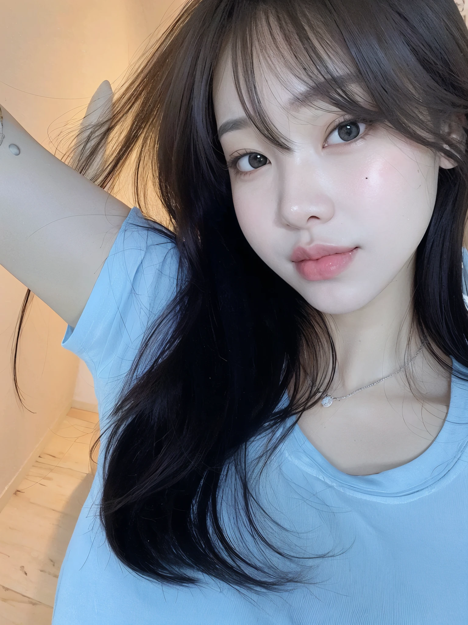 Arafed asian woman with long black hair and a blue shirt, Ulzzang, linda mulher sul-coreana, bae suzy, Lalisa Manobal, Sun Yunjoo, coreana, com rosto redondo, linda jovem coreana, Heonhwa Choe, Jinyoung Shin, jaeyeon nam, linda jovem coreana, com franja, young lovely korean face