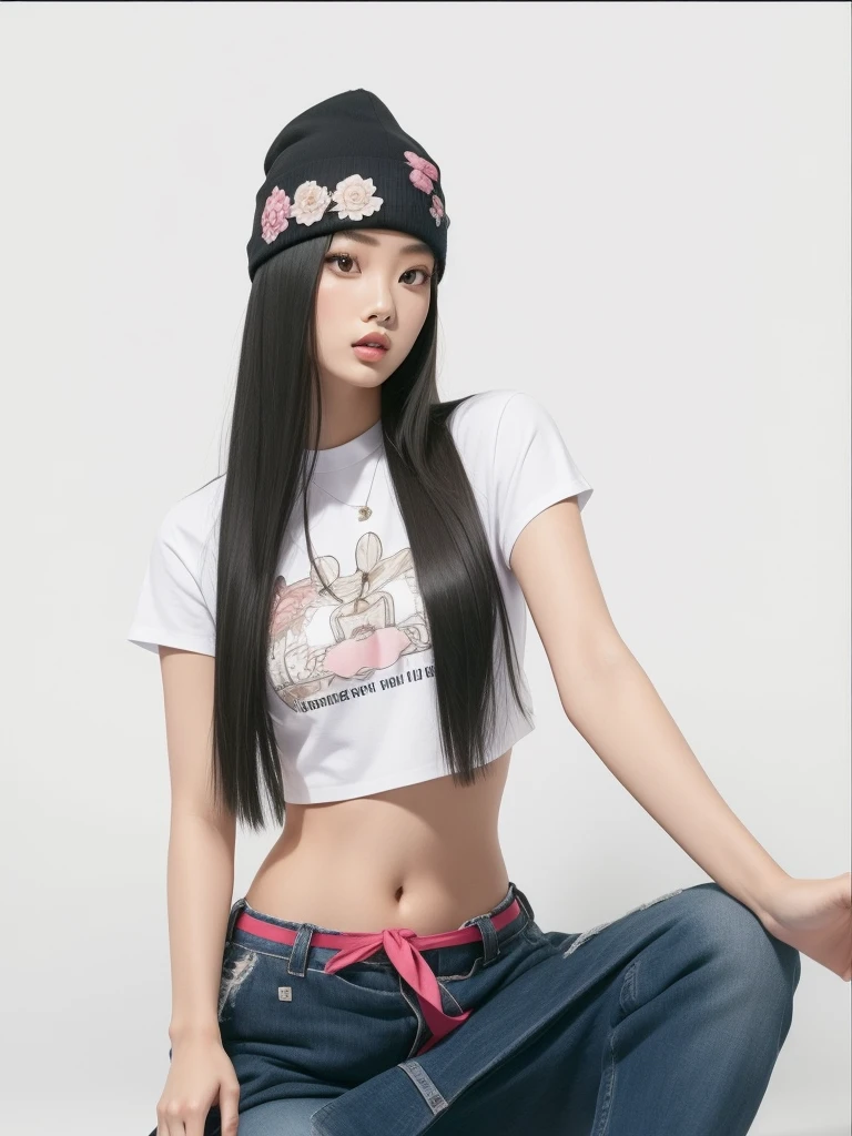 Arafed Asian woman sitting cross-legged on the floor, foto de modelo chica delgada, modelo de moda femenina coreana, 2 4 old female model, jossi de blackpink, hermosa chica modelo, jennie rosa negro, muchacha coreana, hermosa joven coreana, asian girl with long hair, parque roseanne de blackpink, young skinny gravure idol, ella lleva ropa de calle
