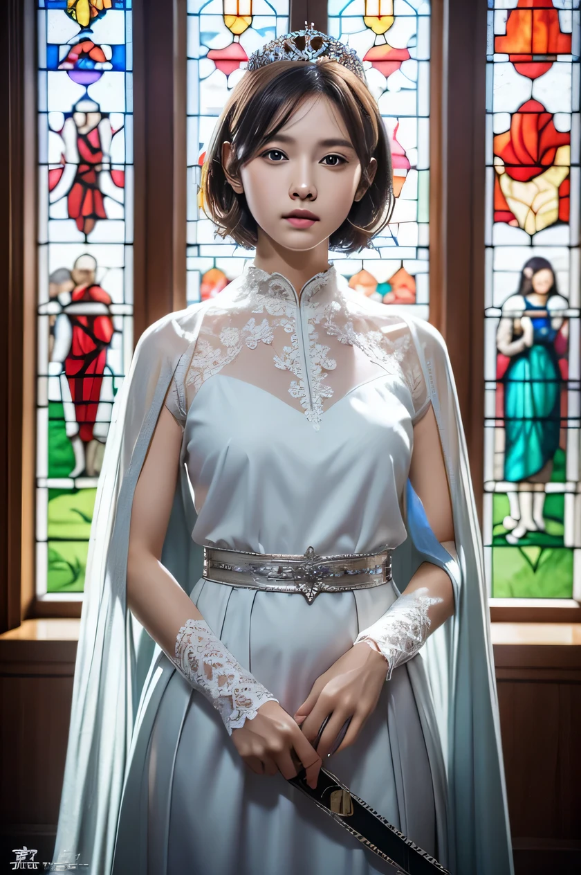 The beauty of 8K raw photos:2.0, short hair,15 years old, great face and dark eyes, stare at the camera, Expressionless:1.6, Holding a sword and balance, put on a tiara,（Silver Dresses:1.2), realistic:1.9, very detailed CG 統合 8k 壁紙, very detailed, High resolution RAW color photos, full body shot, professional photos, Taken in front of the stained glass of the cathedral, girl sexy portrait