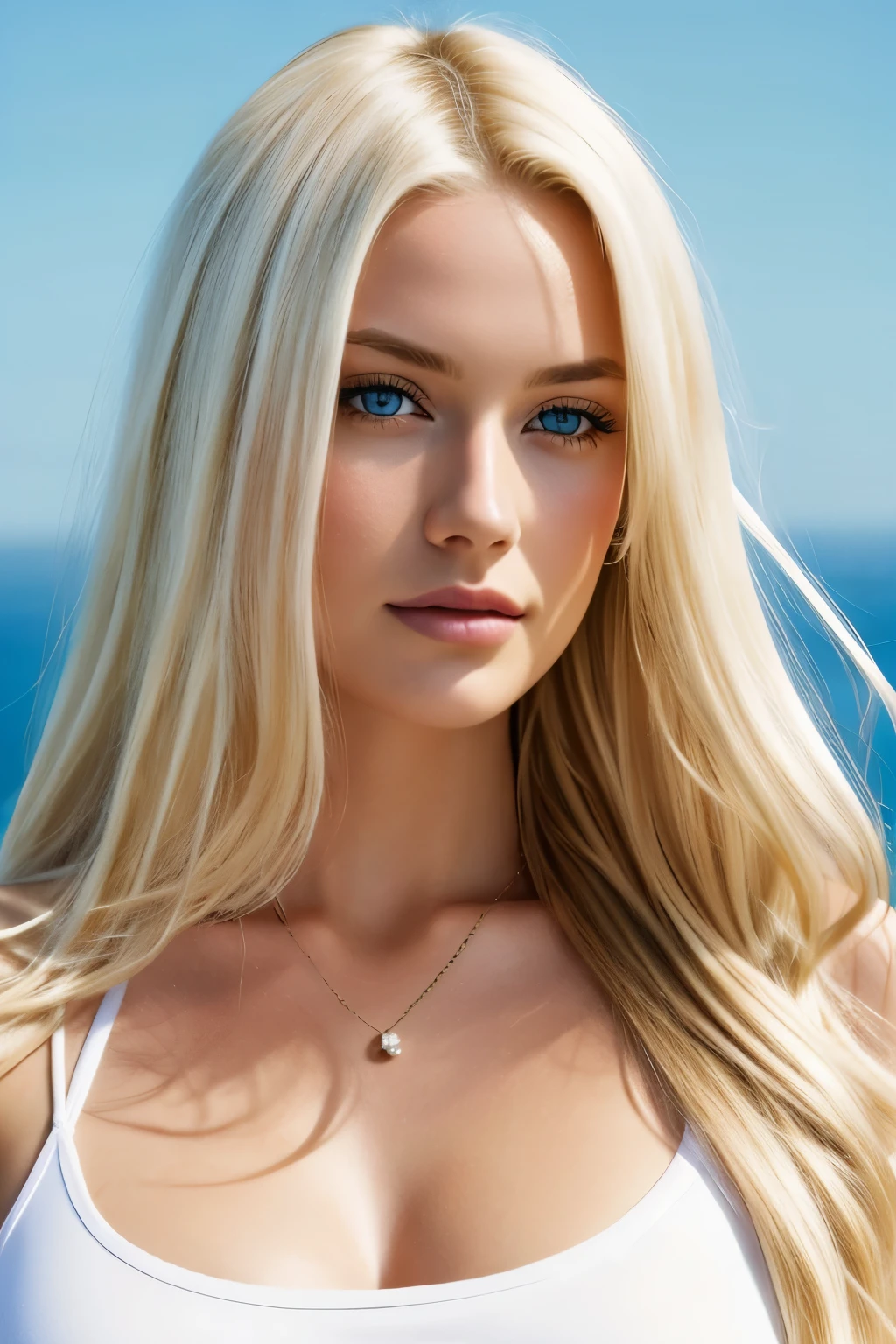 1 girl inside, 22 years old, sexy, long blonde hair, Colossal tits, Look at the viewer, Blonde hair, bare shoulders, blue eyes, neck jewelry, full body, (Extremely detailed 8K background image), Soft lighting, good quality, film grain, Fujifilm XT3 sharp focus, f 5.6, High detail, sharp focus,(natural light), (close-up:1.2), (seductive), tight T-shirt, realistic, 