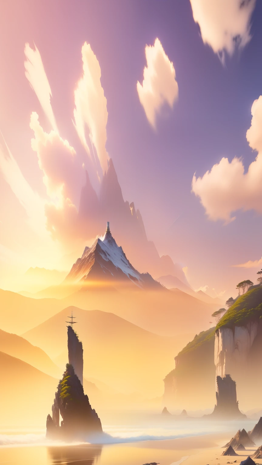 Anime style beach scenery,In the background is a tree and a mountain, Wonderful screenshot art, Inspired by Sylvain Sarai, Nice screenshot, 动漫风景wallpaper, 概念艺术wallpaper4k, fantasy scenery, 4k高清插画wallpaper, 4k tranquility, 美丽的wallpaper, wallpaper, 高品质桌面wallpaper, 惊人的wallpaper, stylized concept art