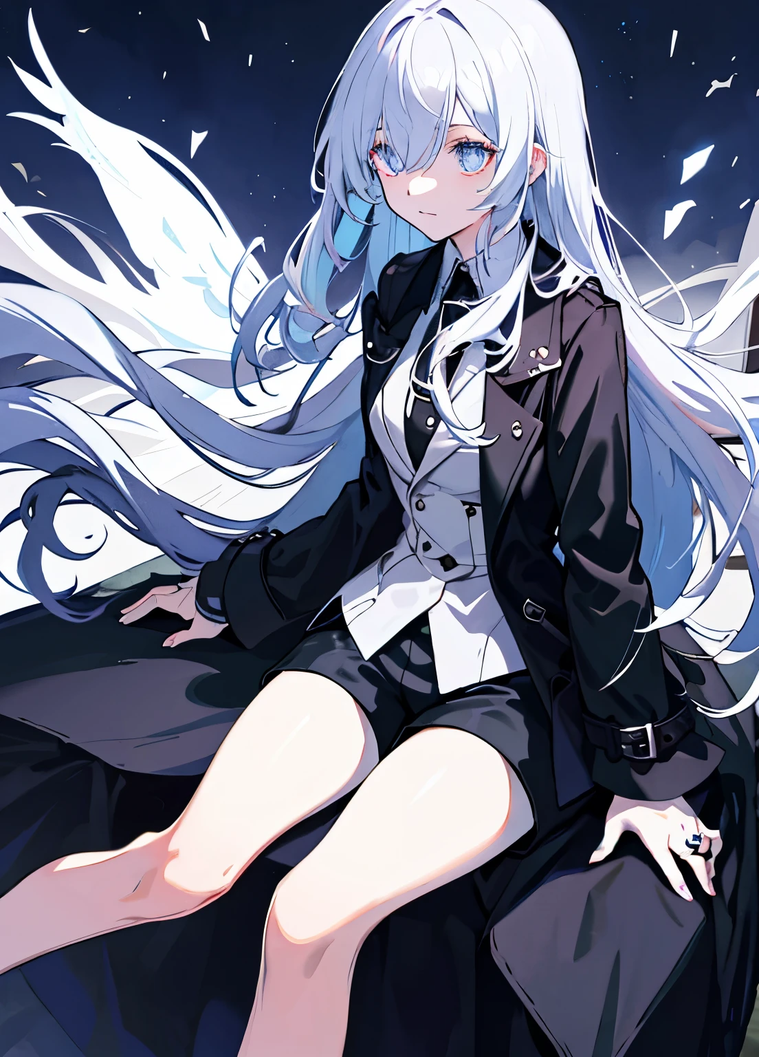 Long gradient hair,Black trench coat,long black silk,shorts,whole body,handicapped,Single eyes,heterochromatic pupils,Angel ring on head,Looking into the distance in the night sky,Royal sister,cold