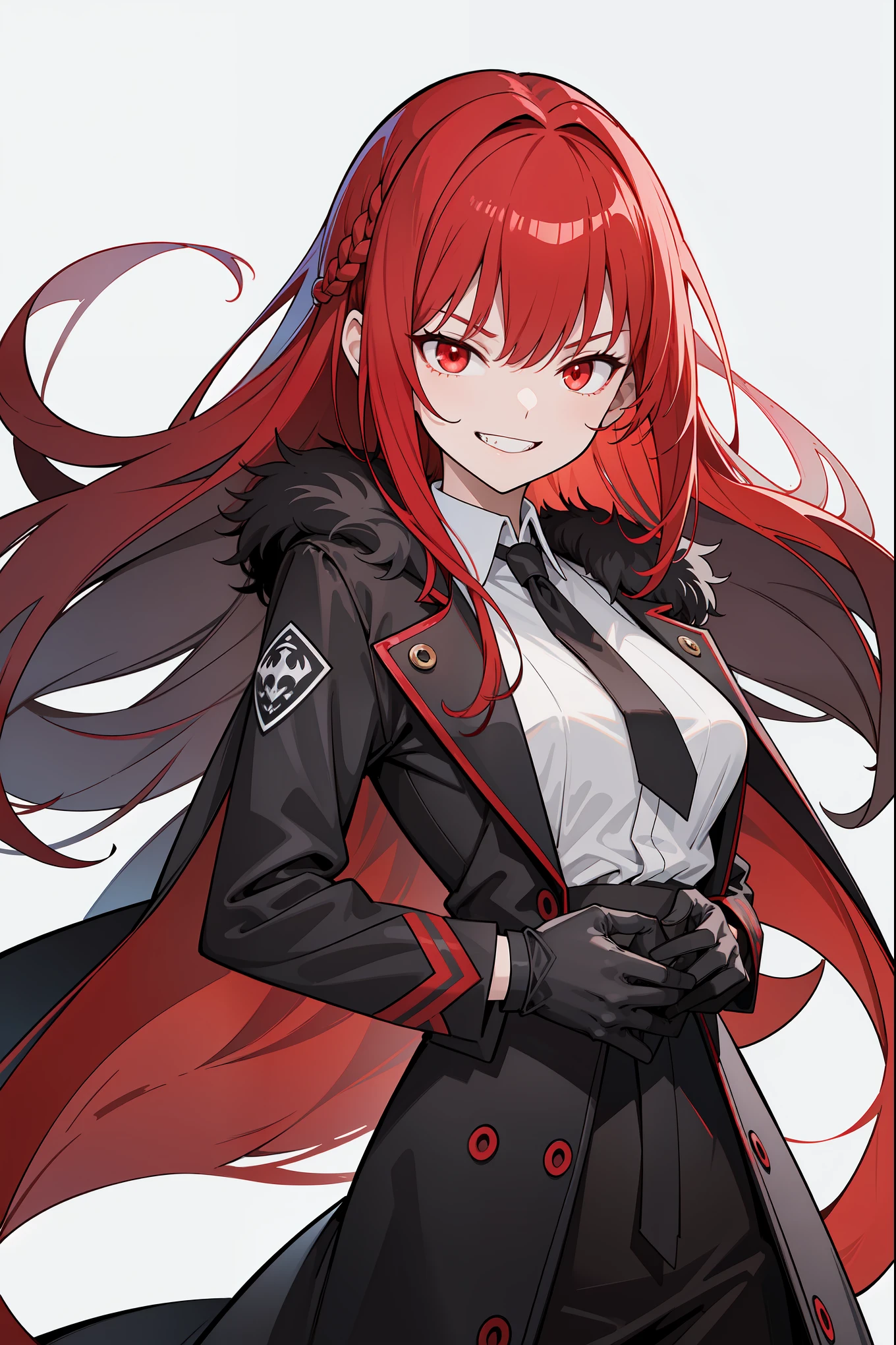 masterpiece, best quality, ultra high quality, high quality illustration, (from below), 1girl, solo, crimson red hair, very long hair, french braid, single sidelock, red eyes, glowing eyes, medium breasts, mature girl, grin, evil smile, (pointy teeth), evil face, mischievous, coat on shoulders, fur trimmed coat, overcoat, black coat, white shirt, (gloves), looking at viewer, ((hands behind back)), (glowing light), white background, simple background 