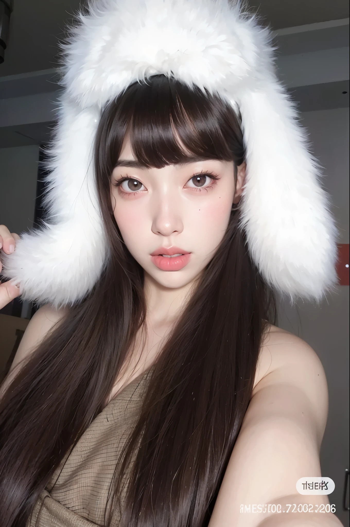 araffe woman with long brown hair and white hat, with long drooping rabbit ears, Bela Delfina, Ulzzang, com grandes orelhas de coelho, muito linda gatinha fofa, Kemonomimi, pale, snow-white skin, com orelhas de coelho, cabelo com franja branca, garota de anime na vida real, penteado com corte hime branco, franja branca
