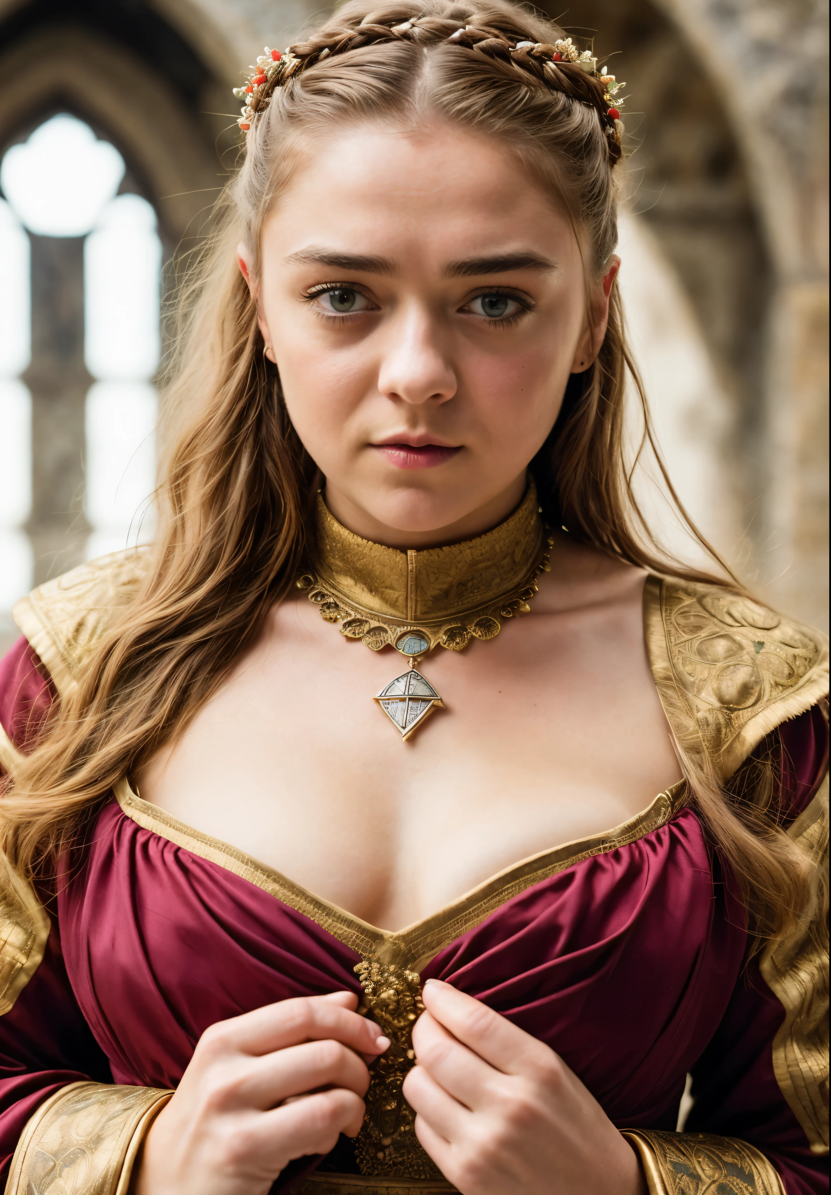 Foto RAW, Arya Stark, Extremely gorgeous lady, Arya Stark PLAYED BY MAISIE WILLIAMS, Queen Arya Stark, she  a mature woman now, milf, sexy mediaeval battle dress, gladiator woman, body, 40 years old Woman, royal linen clothes, Roman slave dress, cotton dress, busty mediaeval costumes, body revealing costumes, perky breast, big natural breast, erotic costumes, lusty physique, seductive figure can capture every people's attention, Game of thrones costumes, revealing captivating figure, Mediaeval costumes, revealing clothes, A tomboy, she would rather fence than dance, warrior queen , game of thrones screen caps, Game of Thrones Series, (pele altamente detalhada: 1.2), 8k UHD, DSLR, soft-lighting, alta qualidade, grain of film, Fujifilm XT3, flawless picture, highly detailed, detailed Beauty, intricate, 32k, sharp picture,