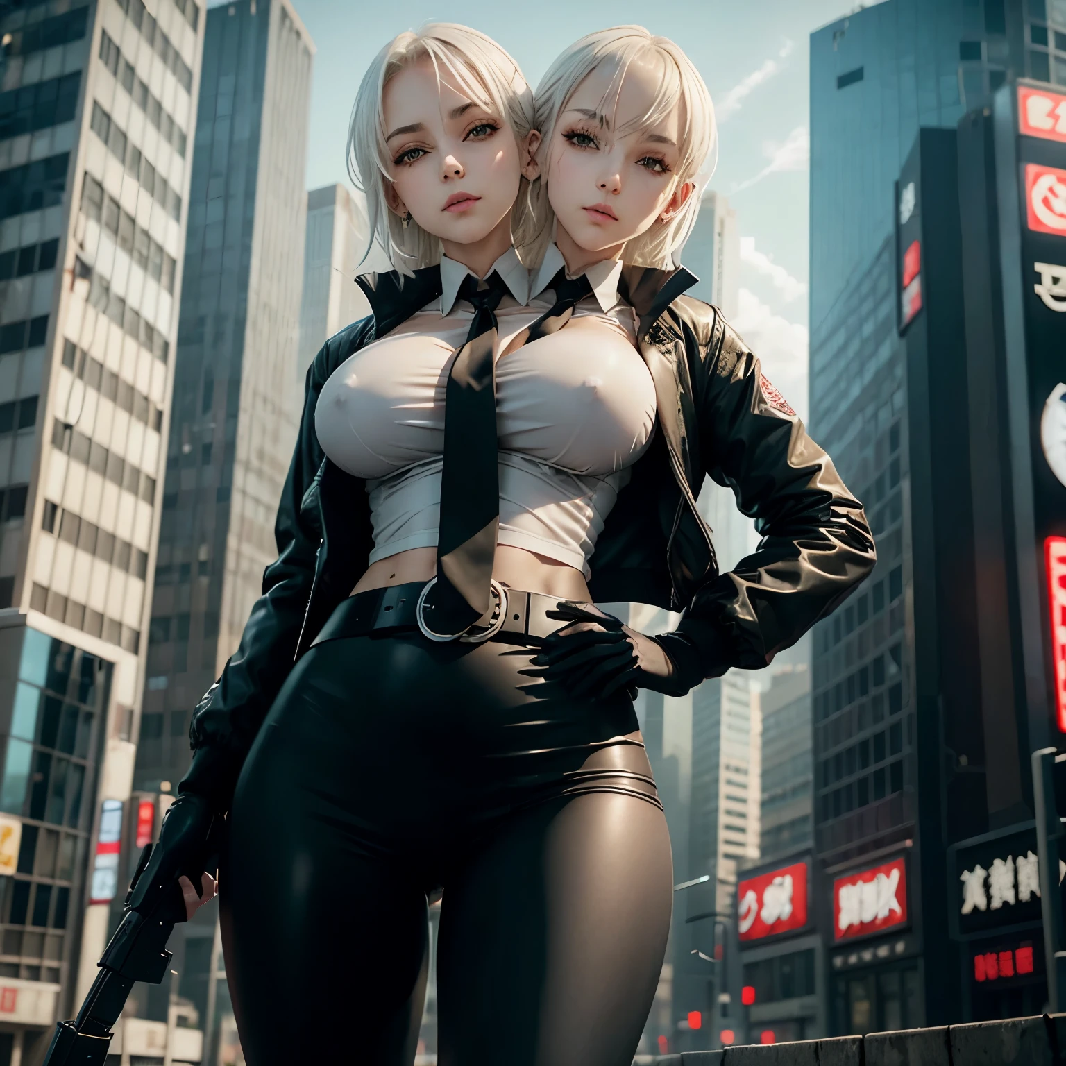 1girl, close up shot, (white hair, medium hair, large breasts, red eyes), perfect anatomy, city, cyberpunk style, ((white shirt, black jacket, black skirt, navel, belt, black gloves, neck tie, wrist watch, earrings, see through black leggings)), ((holding gun)), war, ruined city, battle field, rubble, buildings,cigarette, (two heads)