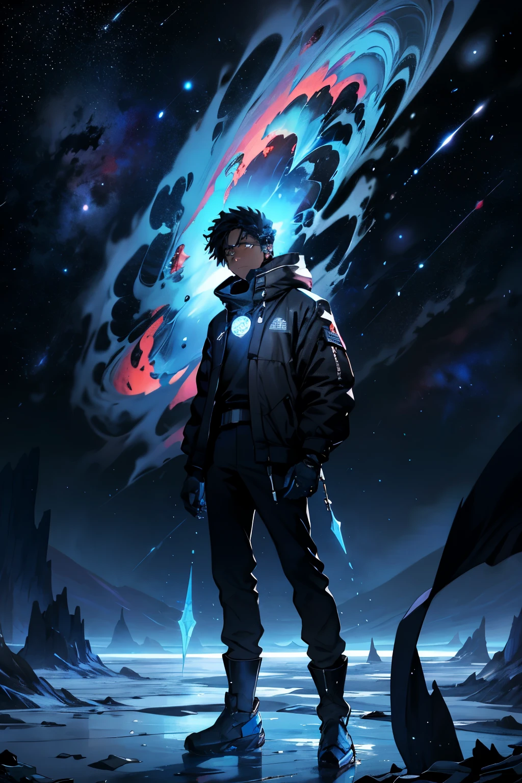 In the depths of a frozen, shattered blue-red cosmos, a 19-year-old black boy stands alone, silhouetted against the backdrop of the celestial abyss. His heart, once whole and vibrant, lies broken and discarded at his feet. The profound silence of the universe echoes the heavy desolation that settles upon his soul. Dressed in ragged attire, exposed to the merciless cold, he gazes off into the vastness of space, his eyes brimming with tears that threaten to freeze upon his cheeks. The interstellar winds whistle mournfully through his unkempt hair as he clutches his heart'
