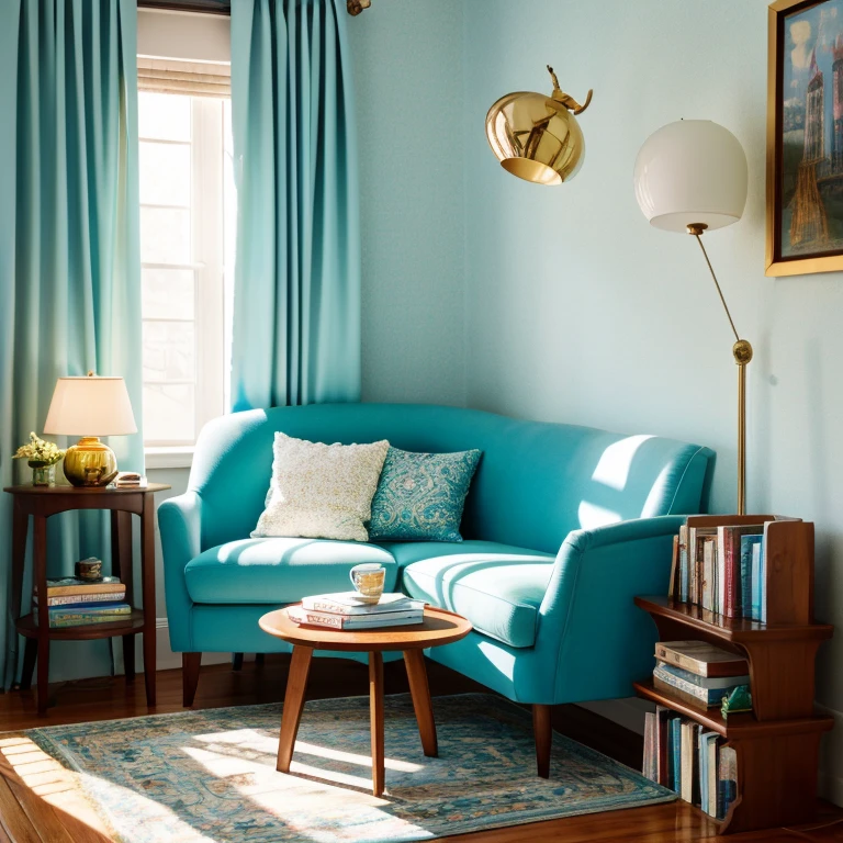 Reading Corner, Blingарный весенний стиль, flowers, armchair with blanket, books on the coffee table, beautiful floor lamp, bright morning daylight, beautiful bright harmonious colors, mint blue milky white, masterpiece, Bling, glamour , very extremely beautiful, highly detailed, HD, a high resolution.