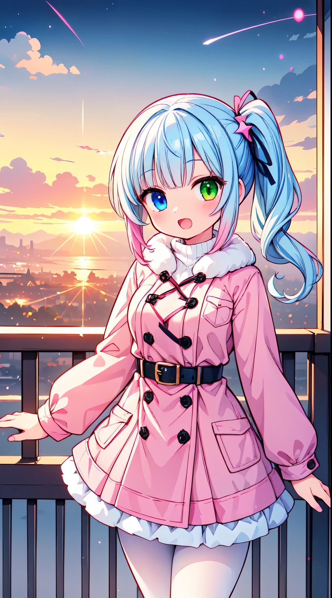 (High_quality:1.4),(high_resolution:1.4),(high_definition:1.4),(tone_mapping:1.2),(color_field:1.3),(Detailed_Glow:1.2),(Best_Illumination:1.2),(Super_Detail:1.4),(Best_Light:1.3),(Intricate_Detail:1.2),(Hyper_Detail:1.2),(mixed_media:1.2),(multicolor:1.2),(magic_realism:1.4), atmospheric,BREAK
1 beautiful girl, (17 years old girl),Solo,(Cute:1.5),(Chibi:0.6),(kawaii:1.5),(:0.5),BREAK,(17 years old girl), 1 beautiful girl,Very detailed,colourfull,highest details,Clear skin,Beautiful skin,Shy,Very detailed,colourfull,highest details,BREAK,Clear skin,Beautiful skin,Shy skin,BREAK,(Heterochromia,blue eyes,Green eyes, Eye Highlights,The first hyperfine stars:1.45),star eye silhouette ,BREAK,(pale blue hair, Medium length:1.4),(side ponytail,A little curly hair,Princess Cut, crossed bangs:1.3),(large breasts,Beautiful breasts(best quality face),(Top quality glowing eyes),(The best smile,:D:1.45), BREAK hands in pocket, (pink and white theme:1.4), (Wearing a (long sleeve pink coat with fur color) over a white high neck blouse:1.4), (fur cuffs:1.3), (double pillar button:1.3), (pocketless:1.4), (plain
ivory-white pantyhose:1.4), (pink heeled boots with lace-up:1.2), (wine-red pleated skirt:1. Classic cowboy boots with decorative stitching, Silver concho belt as a statement accessory, Layered silver jewelry for a ranchera vibe, Sun-kissed makeup with warm tones, Loose waves or natural hairstyles for a relaxed look, Serape or poncho as an additional layer for cooler evenings,
BREAK
background, (sunset, railing, balcony, town scenery, beautiful cityscape view, wind:1.5),
BREAK,wakame,wakame,wakame,(from front,cowboy shot:1.5) , hanging breasts, nose blush, heavy breathing, steam, ((:o):1.2)
BREAK, ,(Blurry background:1.3),(absurderes, hight resolution, Super Detail Art),cel shading,Clear Color, Lonely optical effect, Beautiful pictures, Bright glow, mystic atmosphere,(Close-up of girl:0.8), Mystical light particle effect,manga influence, clean line drawings,