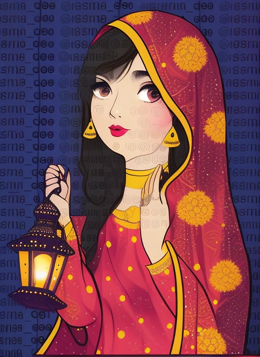 a close up of a woman holding a lantern in her hand, girl under lantern, inspired by Ambreen Butt, in style of digital illustration, a beautiful artwork illustration, digital illustation, inspired by Riza Abbasi, digital illustration, full color digital illustration, inspired by Abdur Rahman Chughtai, matte digital illustration, persian folkore artstyle