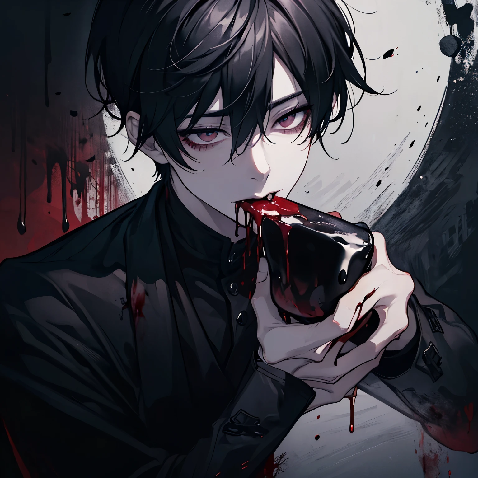 dark, dark lighting, solid black background, anime man, painted, canvas, painted style, ashy hair, detailed painted eyes, ((eating blood,)) pale skin, black suit with gloves, aloof, looking down, ((dark red tongue,)) bloody tongue, bloody teeth, gorey, ((eating organs)), bloody eyes, realistic blood