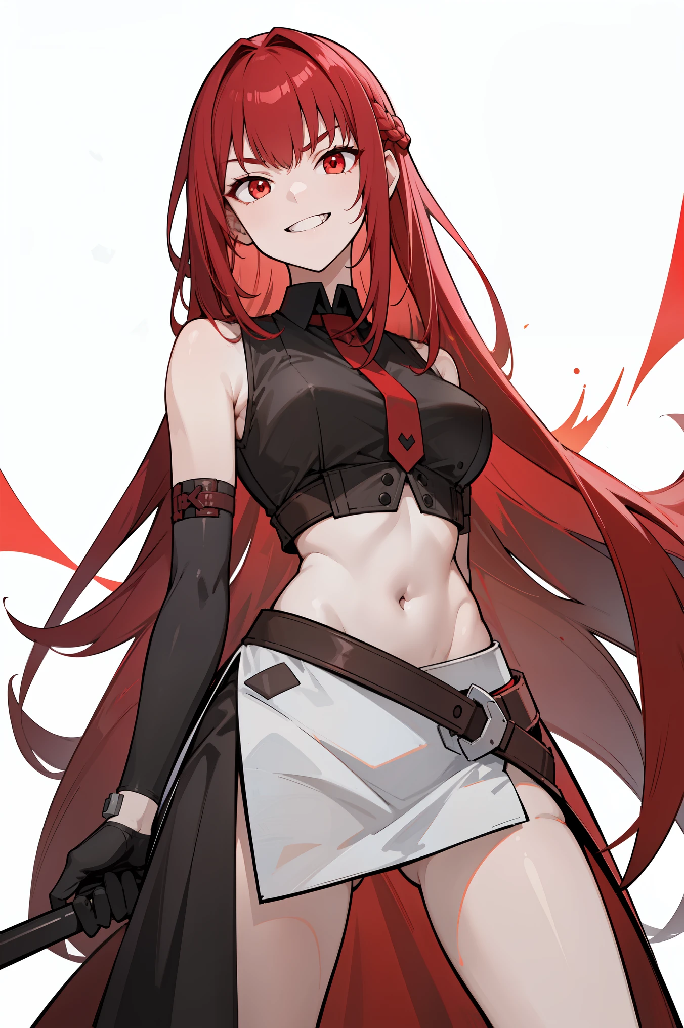 masterpiece, best quality, ultra high quality, high quality illustration, (from below), 1girl, solo, crimson red hair, very long hair, french braid, single sidelock, red eyes, glowing eyes, medium breasts, mature girl, grin, evil smile, (pointy teeth), evil face, mischievous, crop top, sleeveless shirt, (gloves), looking at viewer, ((hands behind back)), (glowing light), white background, simple background 