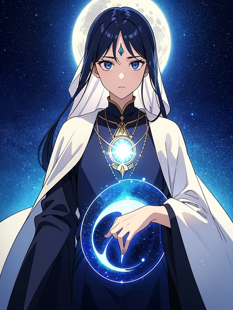 Purified Eclipse is a mysterious figure with a complexion that seems to absorb and reflect the light around him. His midnight-black hair cascades like a shadowy veil, framing his enigmatic face. His eyes, deep pools of sapphire, emit an ethereal glow that mirrors the phases of the moon. Purified Eclipse has an otherworldly presence, and his every movement exudes an aura of tranquility and mystique.He wears a long, flowing cloak crafted from celestial fabric that shimmers like the night sky, adorned with intricate silver embroidery resembling constellations. Underneath, he dons a simple yet elegant attire, incorporating deep indigo and silver hues. A pendant, crafted from a rare lunar gem, hangs from his neck, emitting a gentle radiance.