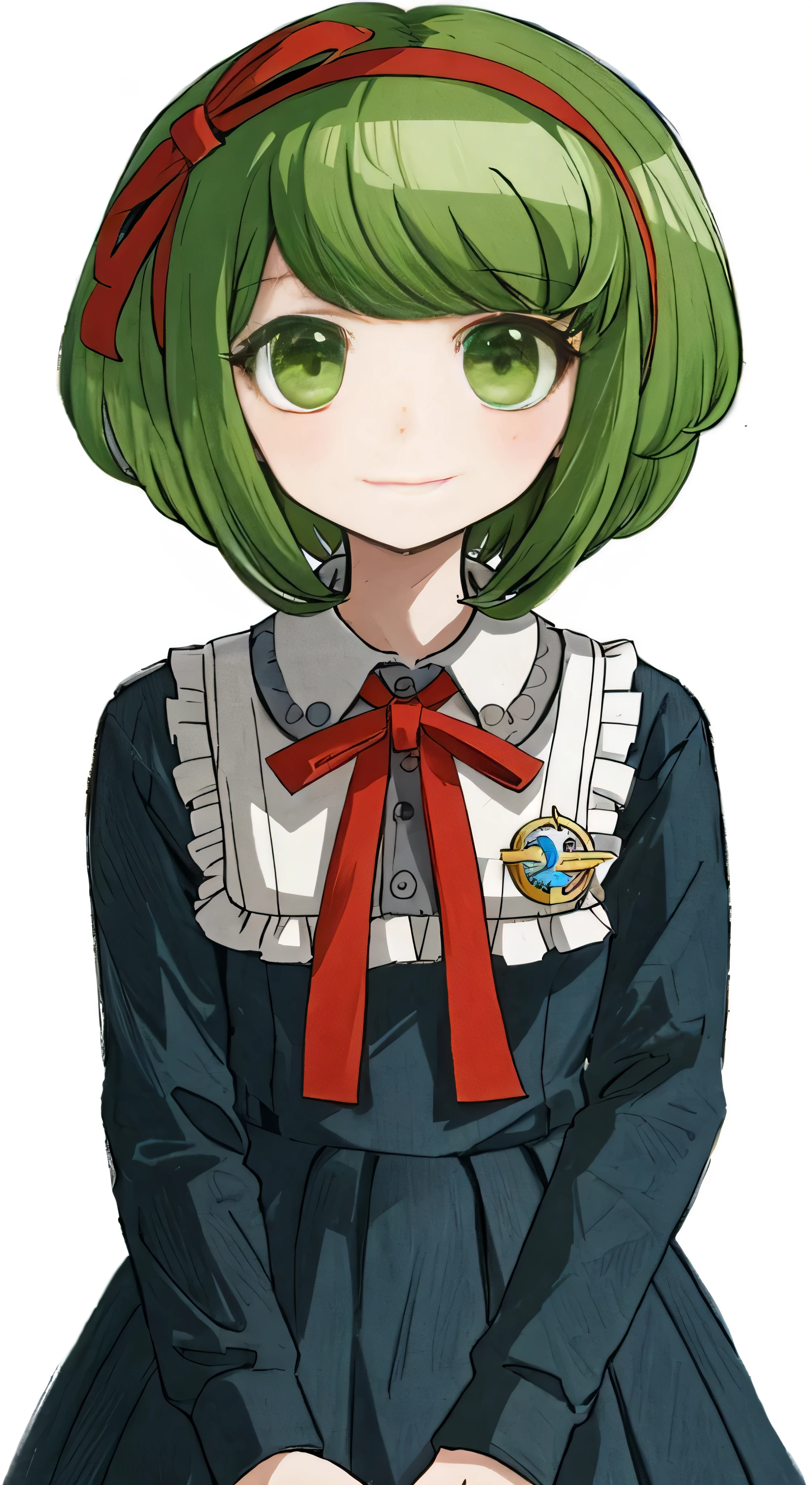 anime girl of primary school age. According to some version, like the rest of the Warriors of Hope, she may be between ten and twelve years old. She has green short hair, tied with a red bow. Her eyes are green with a symbol in the pupil.. She is wearing a knee-length black dress with a skeleton pattern on the back.... She also wears black stockings and white shoes.. She has a Warriors of Hope badge pinned to the collar of her dress....