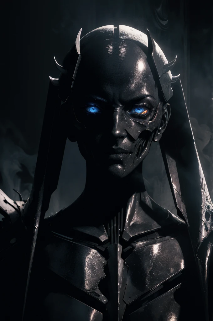 half body portrait, arthropod layered mechanical black smoke demon android, translucent skin, occult, + concept art, hr giger lithograph fine detail, subtle coal texture, dark paranormal lighting, tar dusk and oil atmosphere, highly detailed, vibrant, production cinematic character render, dark aesthetic, ultra high quality model, 8K