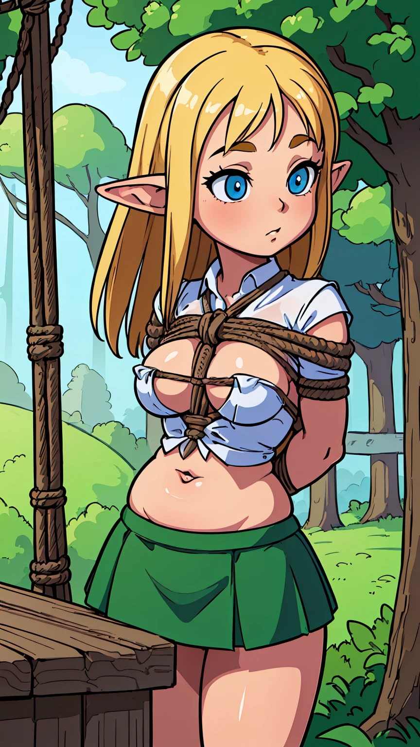 ((best quality)), ((highly detailed)), masterpiece, (detailed eyes, deep eyes), (1girl), (((Body and breasts closely tied Up with ropes)), elf ears, blonde Hair, ((Mini skirt and transparent Shirt)),  in the Forrest, plump body, chubby, ((pot belly)), , drunken face, Perspective from behind