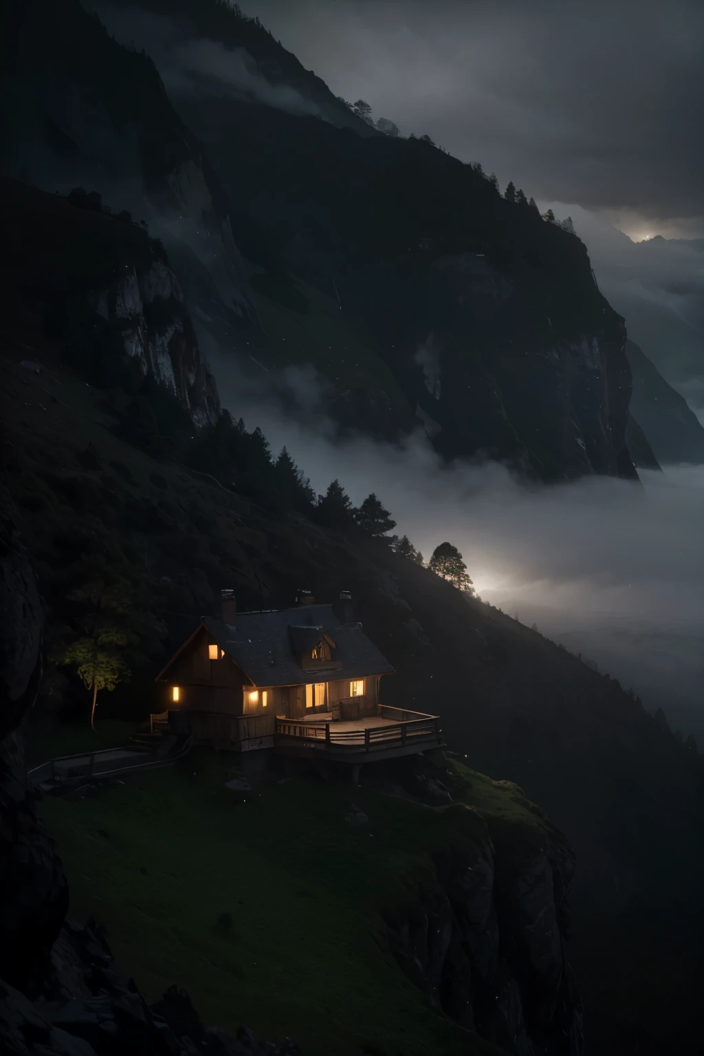 arafed view of a house on a cliff with a foggy sky, in the art style of filip hodas, inspired by Michał Karcz, 3 d render beeple, matte painting unreal engine, lumion render, unreal engine render concept art, dramatic lighting. concept art, atmospheric render, 3d rendered matte painting, breathtaking, dark weather, gloomy, foggy mountains in the distance, cozy light from a wooden house in the foreground, mossy rocks, darkness