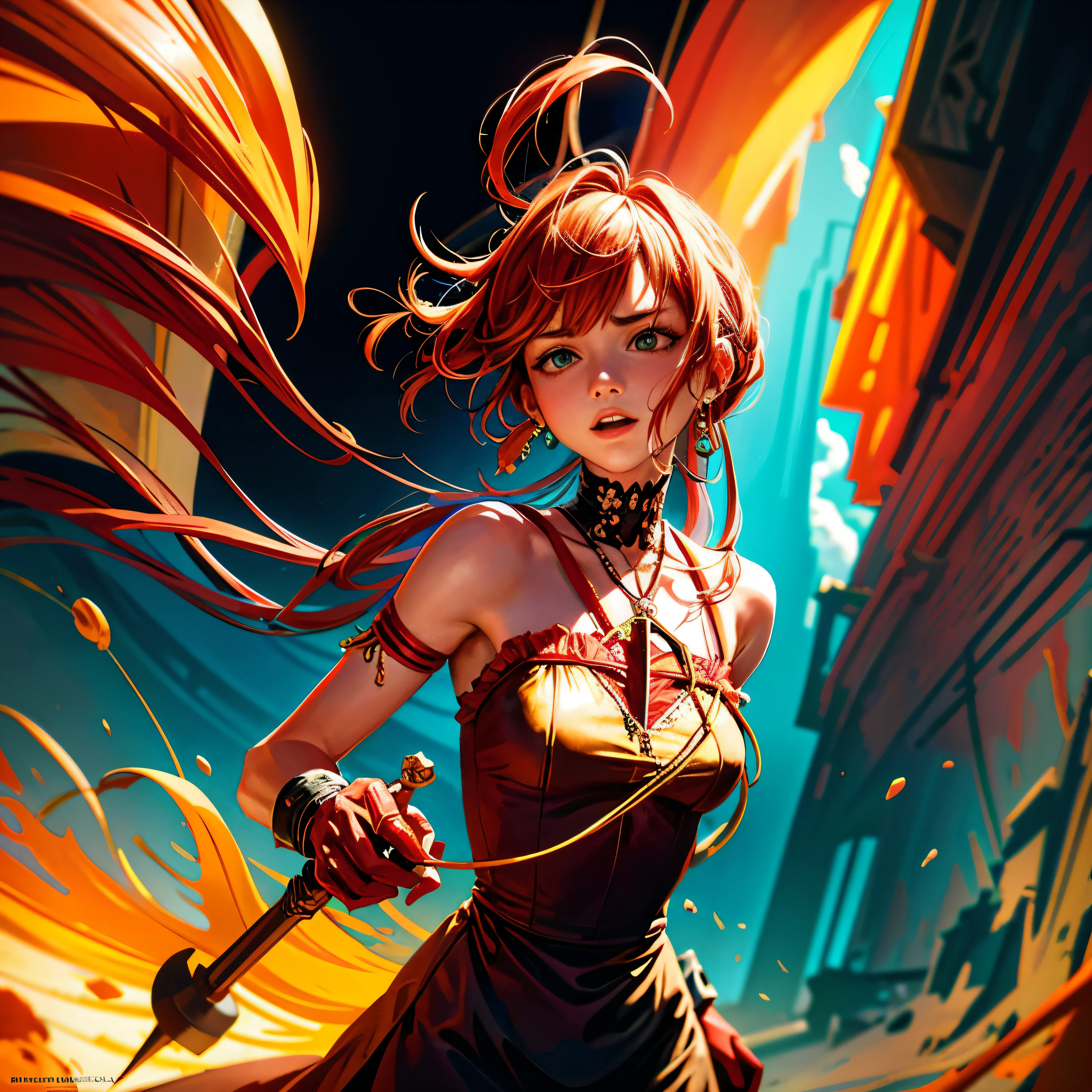 Crie um retrato impressionista envolto em uma paleta de cores ardentes de laranja, amarelo e vermelho, representando uma mulher no inferno. The film scene depicts her between barbed wires and pitchforks, cercada por caveiras e zumbis, evoking an atmosphere of biblical suffering. Vibrant colors add intensity and expressiveness to the image, enquanto a qualidade superior ressalta cada detalhe. Play with shadows à la Dom Casmurro to give a mysterious and dramatic touch, tudo inspirado em Greg Rutkowski'unmistakable style. The result will be a visually stunning work of art that transcends the barriers of impressionist painting..