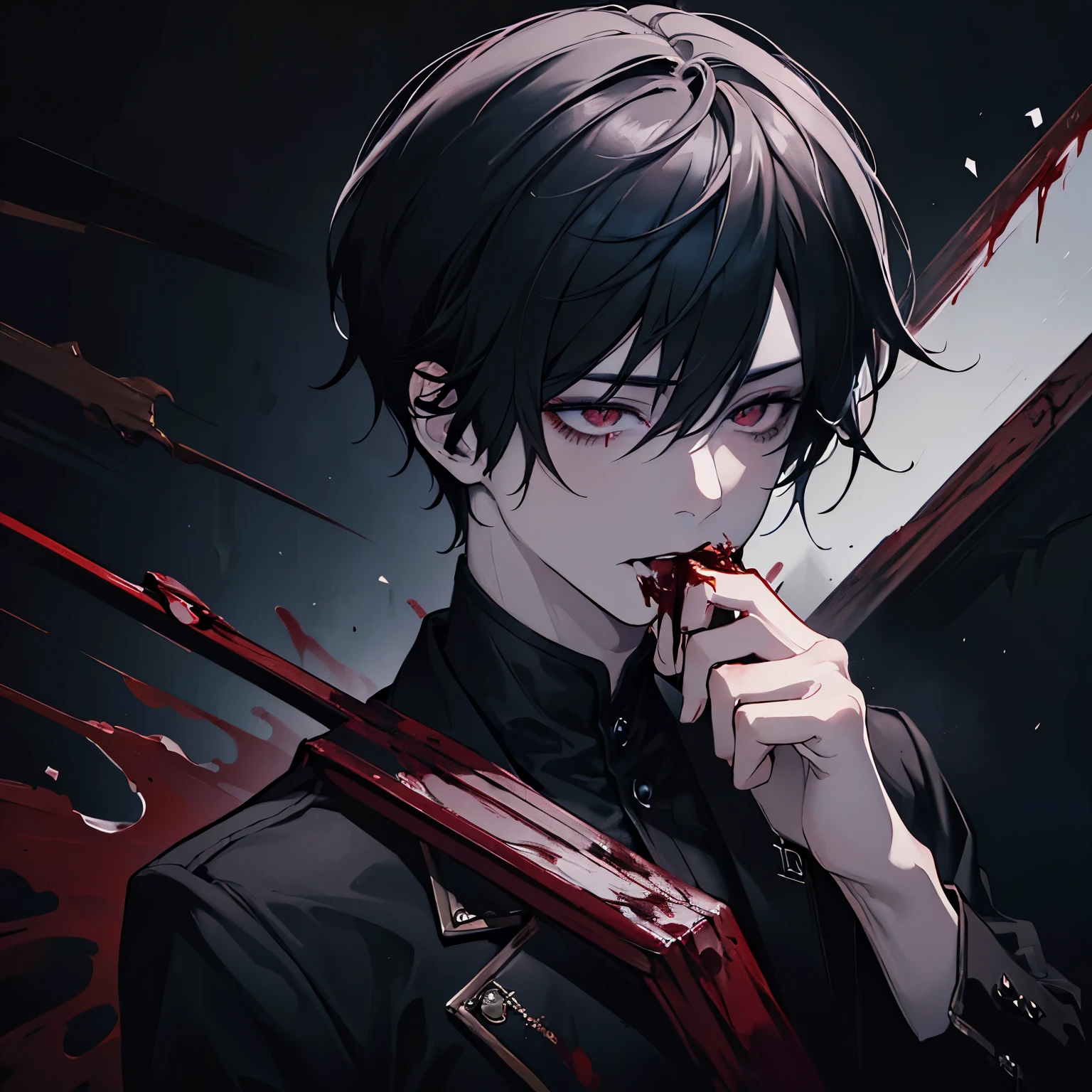 dark, dark lighting, solid black background, anime man, painted, canvas, painted style, ashy hair, detailed painted eyes, eating blood, pale skin, black suit with gloves, aloof, looking down, dark red tongue sticking out to eat blood