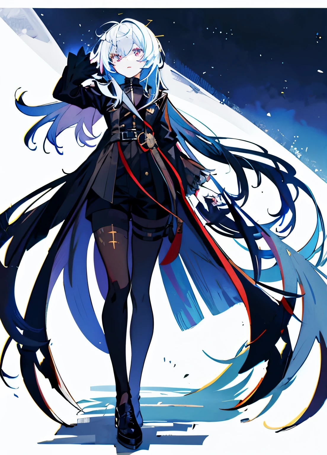 Long gradient hair，Black trench coat，long black silk，shorts，whole body，handicapped，Single eyes，heterochromatic pupils，Angel ring on head，Looking into the distance in the night sky，Royal sister，cold
