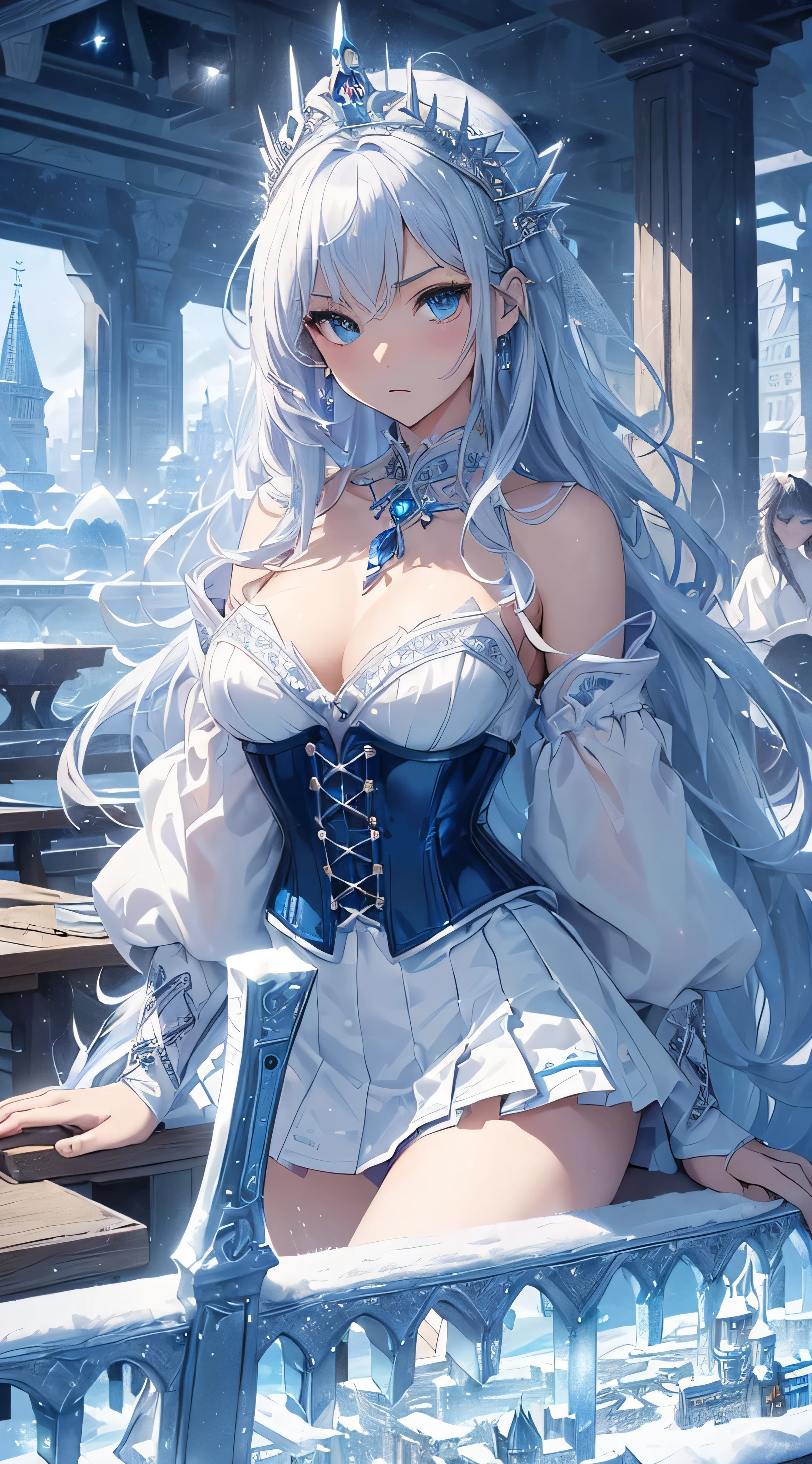 (Overhead view),dynamic angle,ultra-detailed, illustration, close-up, straight on, 1girl, (fantasy:1.4), (azure blue eyes:1.233),Her eyes shone like dreamy stars,(glowing eyes:1.233),(beautiful and detailed eyes:1.1),(Silver hair:1.14),(messy hair,very long hair,french braid,hair between eyes,sidelocks), (+(bule hair flower:1.14)),(chiffon dress,bule flower pattern in uniform)/=(military uniform:1.24),(detached sleeves,wide sleeves),(fingerless gloves),choker,(miko thighhighs),High heeled boots,(expressionless,closed mouth),(standing), (classical Princess boudoir with dressing tableand french windowin a white ancient palaces),(white flowers,bloom),(abysmal sea),(flowing water),(a dull blue world tree:1.14),(ruins),(night:1.2),dreamy,soul,(fluorescence),(flying translucent blue butterflies:1.15), [[delicate fingers and hands:0.55]::0.85],(detail fingers),(yubao:0.5),